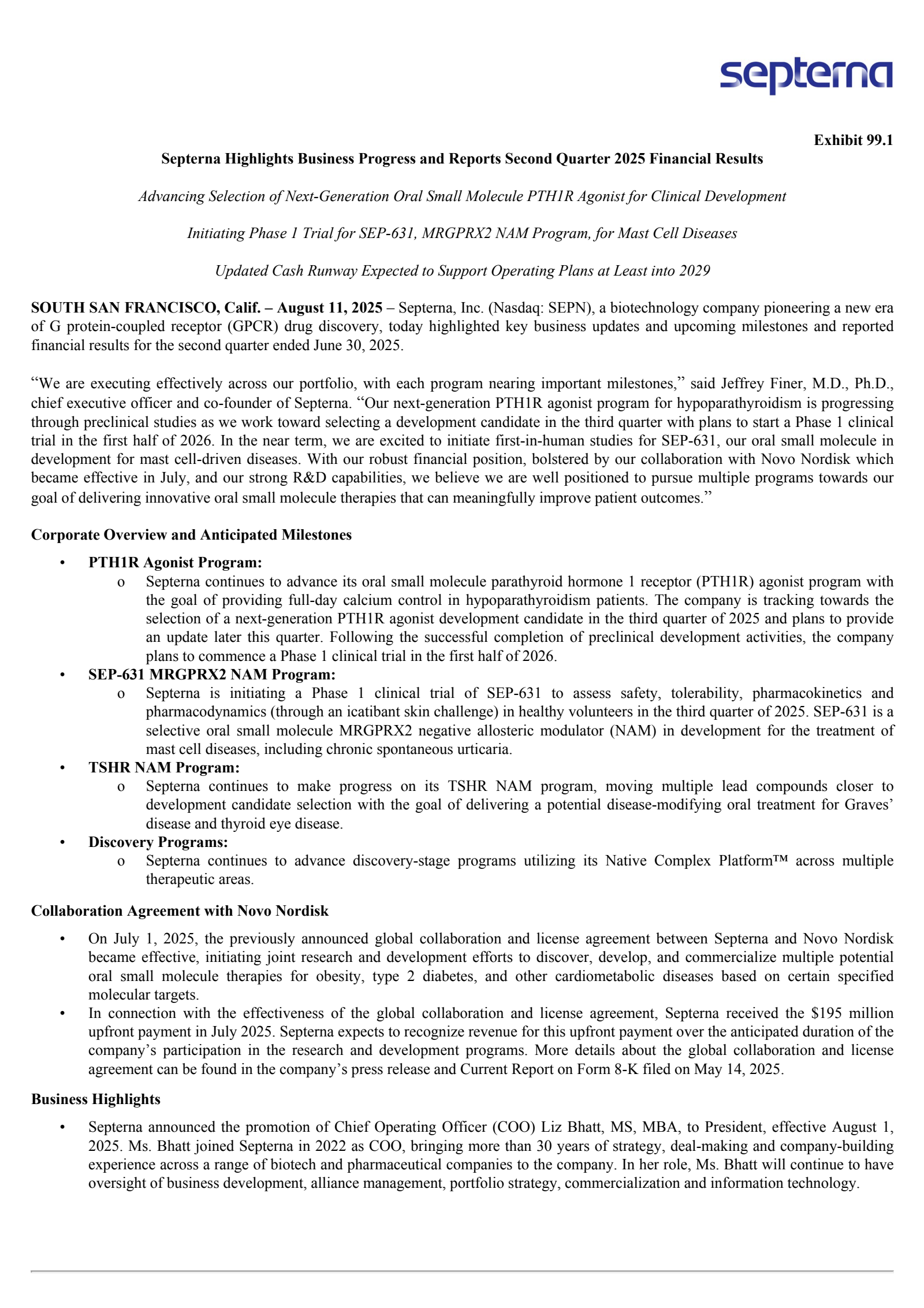 Septerna's Q2 2025 Press Release