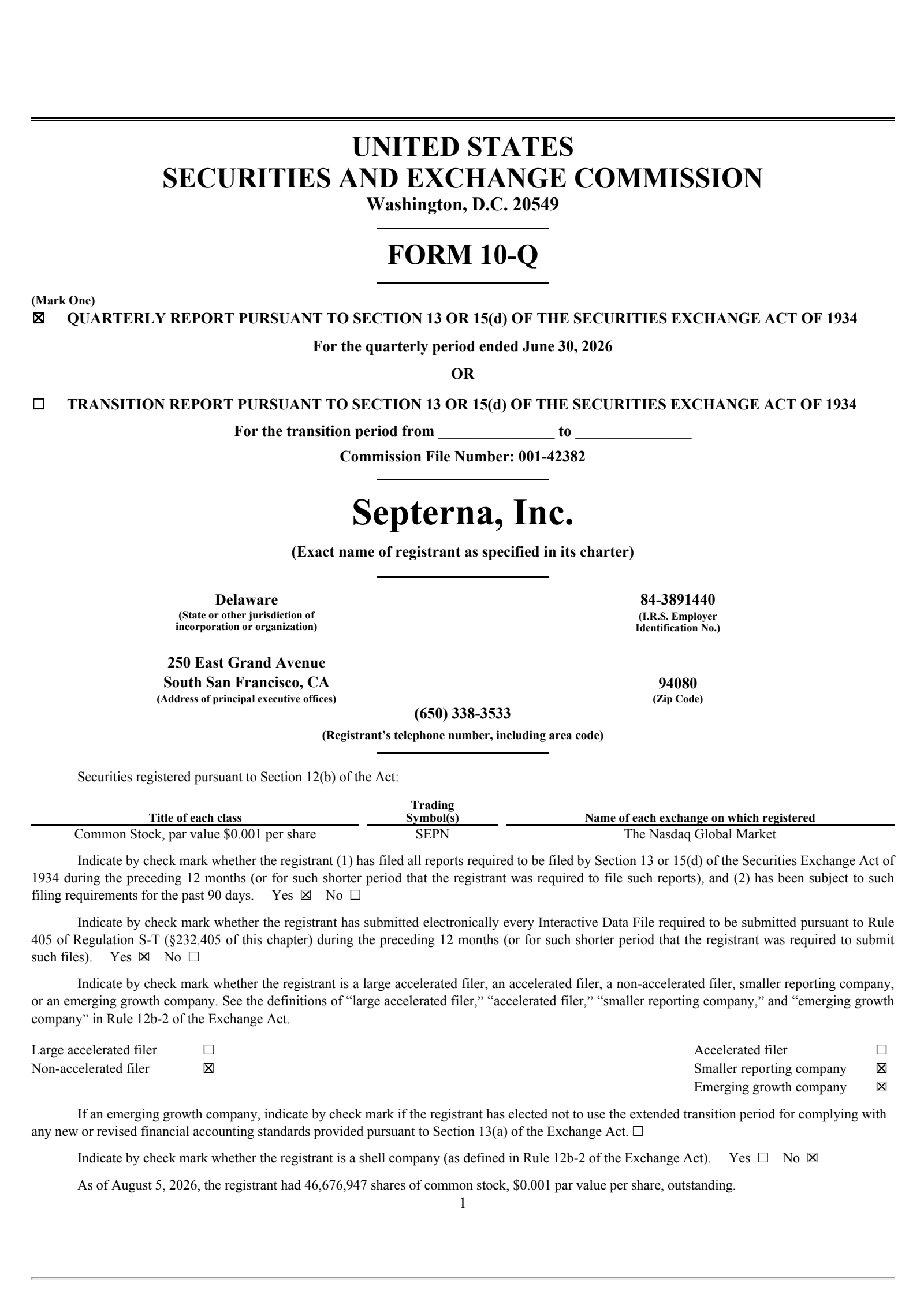 Septerna's Q2 2026 Quarterly report