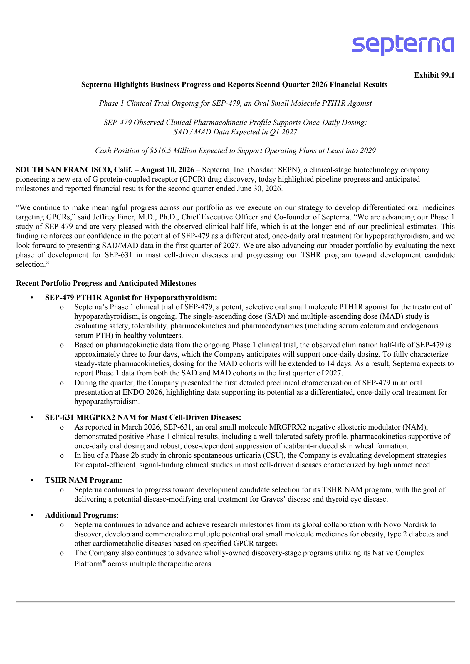 Septerna's Q2 2026 Press Release