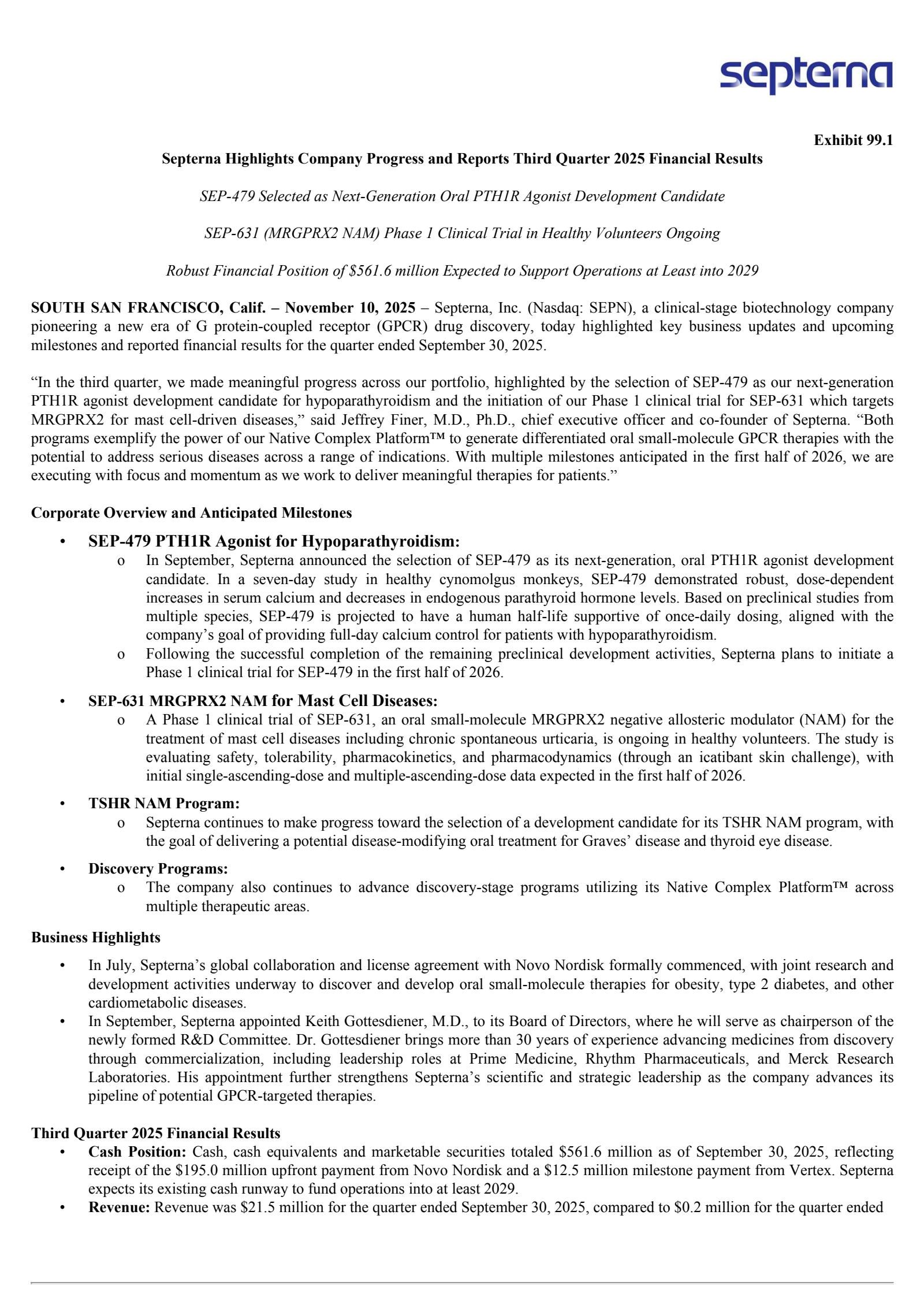 Septerna's Q3 2025 Earnings Release