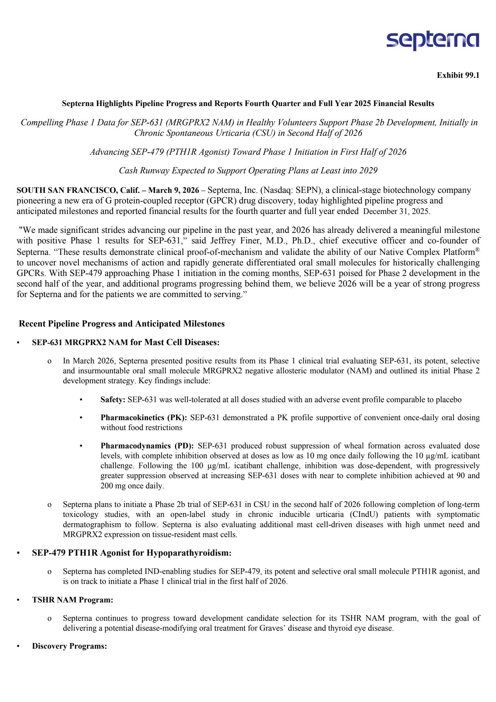 Septerna's Q4 2025 Press Release