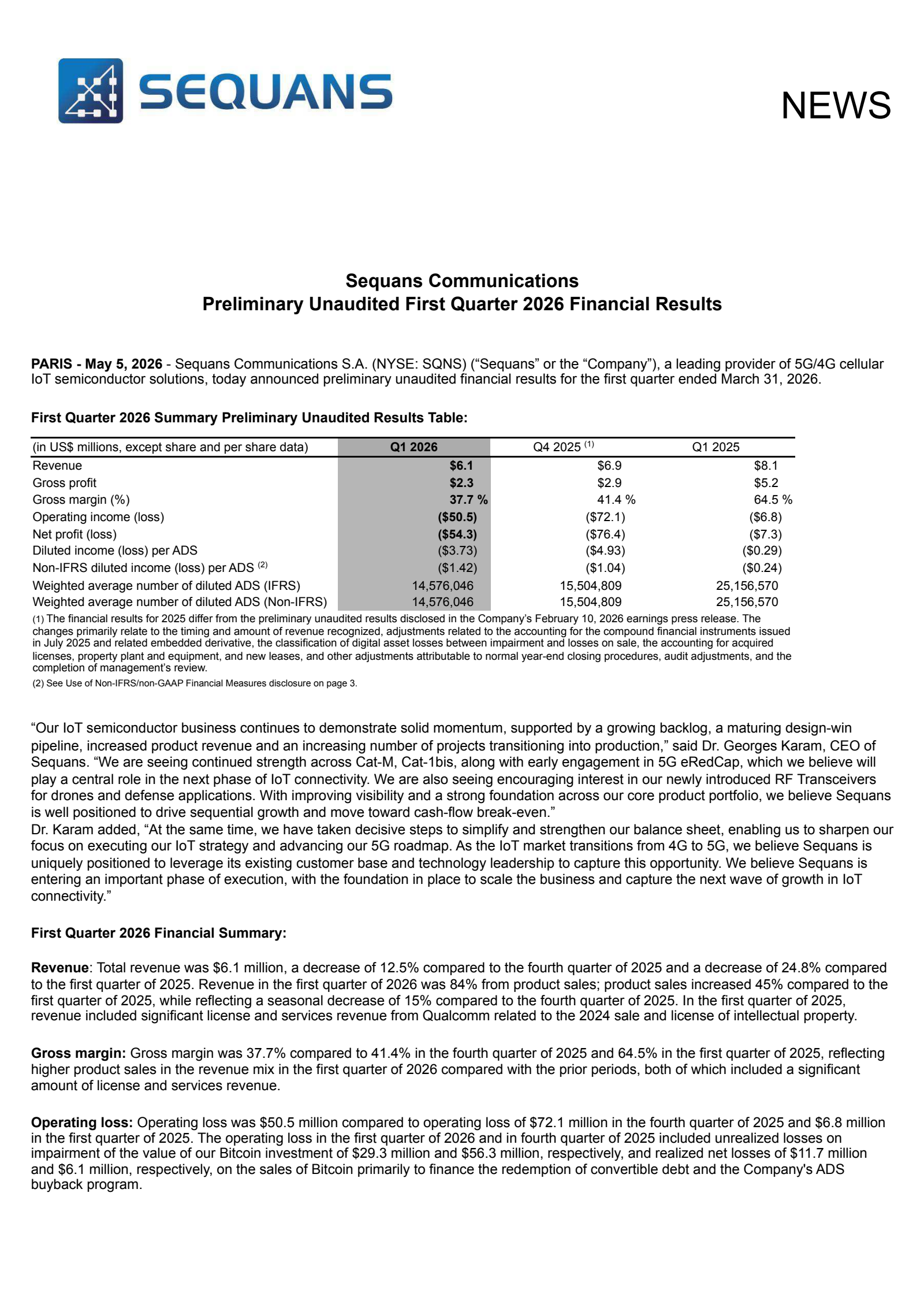 Sequans Communications' Q1 2026 Press Release