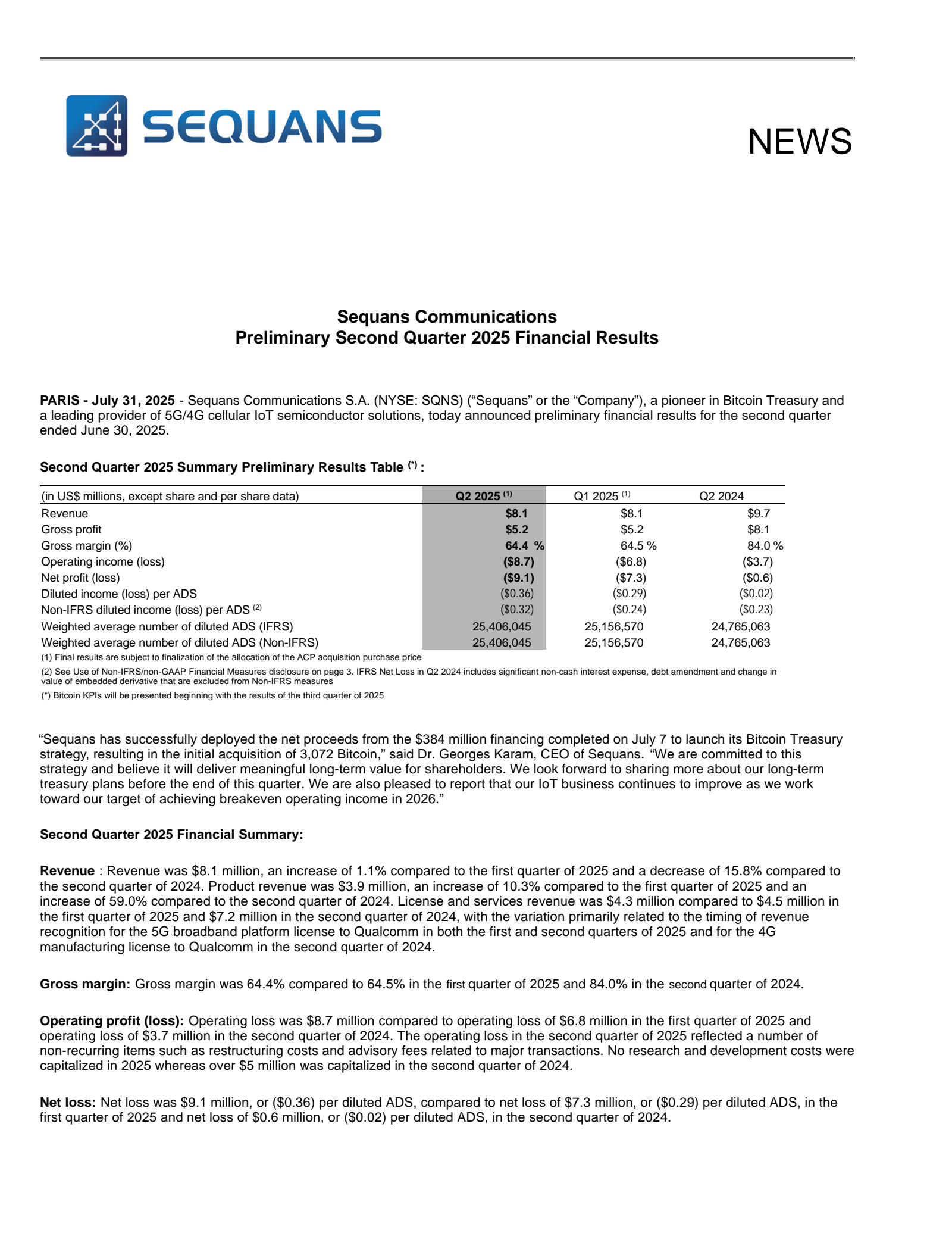 Sequans Communications' Q2 2025 Earnings Release
