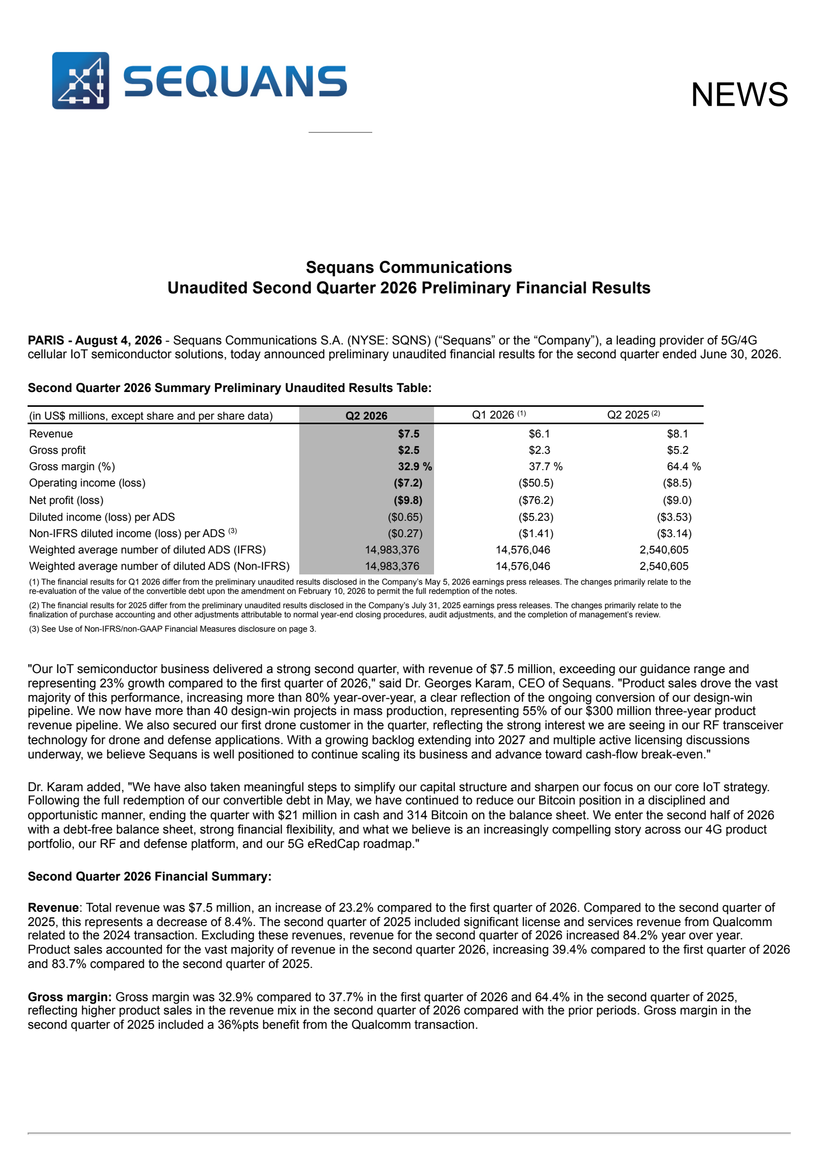 Sequans Communications' Q2 2026 Press Release