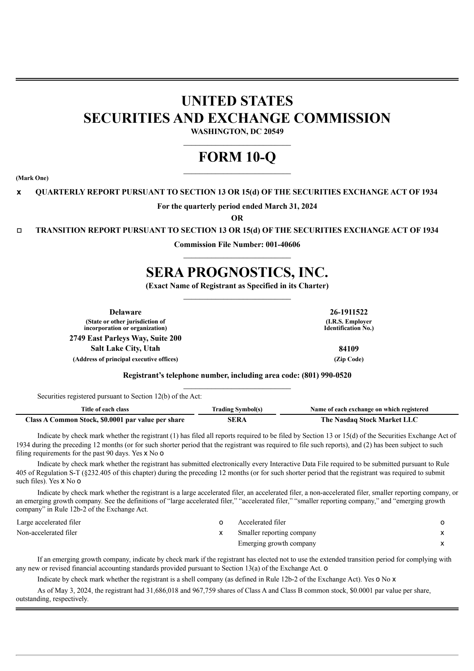 Sera Prognostics' Q1 2024 Quarterly report