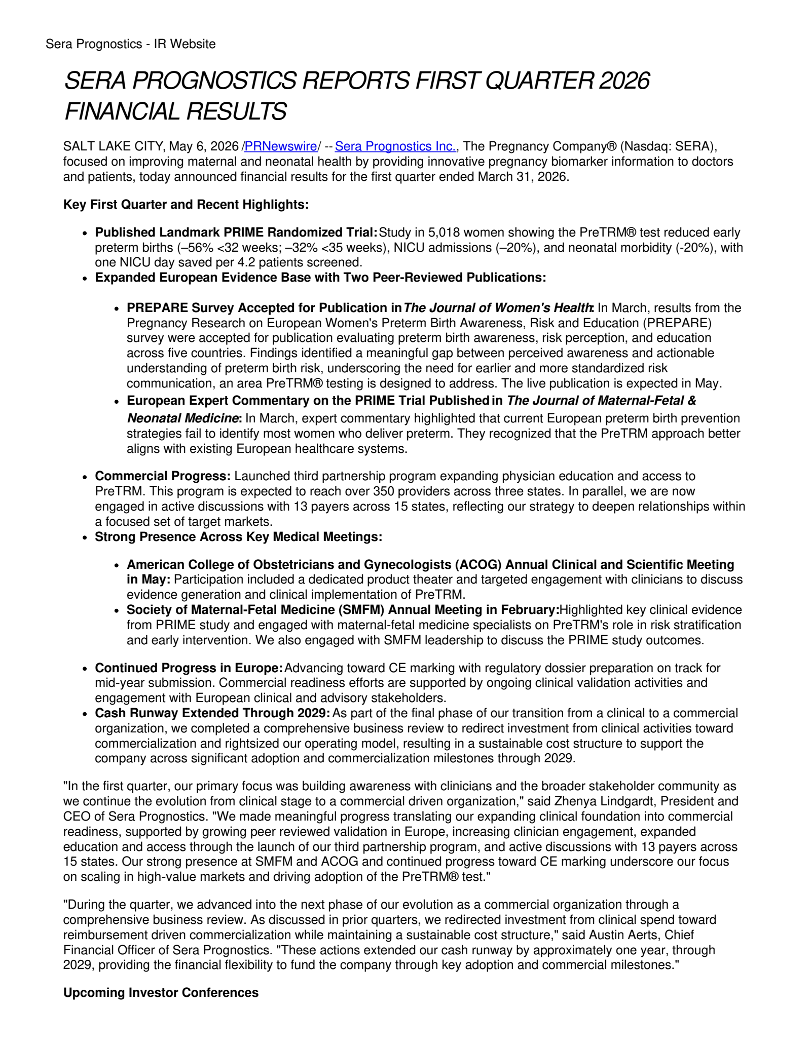 Sera Prognostics' Q1 2026 Press Release