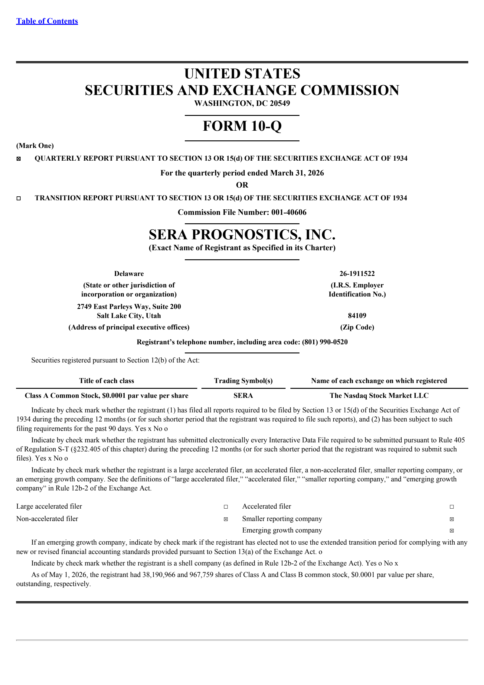 Sera Prognostics' Q1 2026 Quarterly report