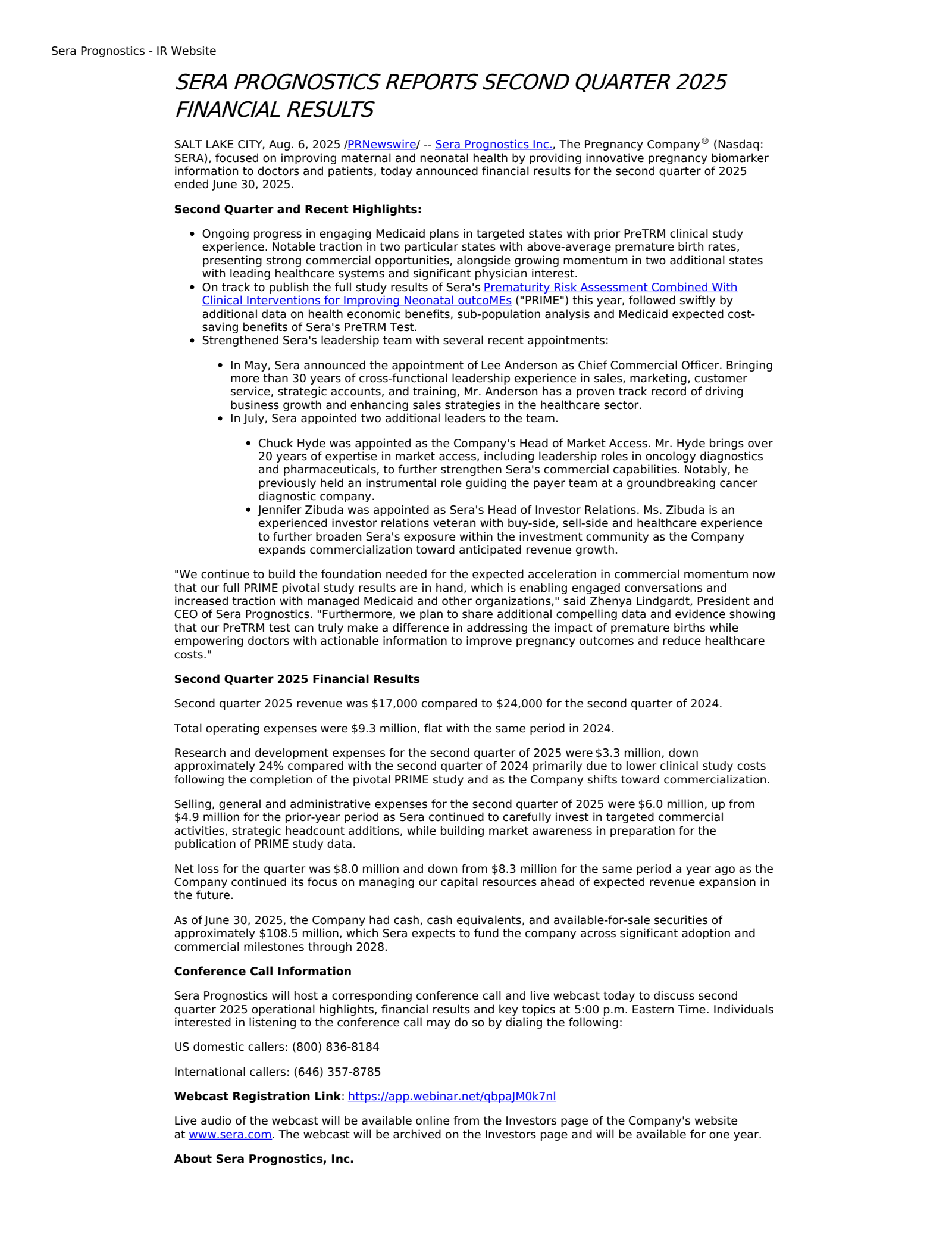 Sera Prognostics' Q2 2025 Press Release