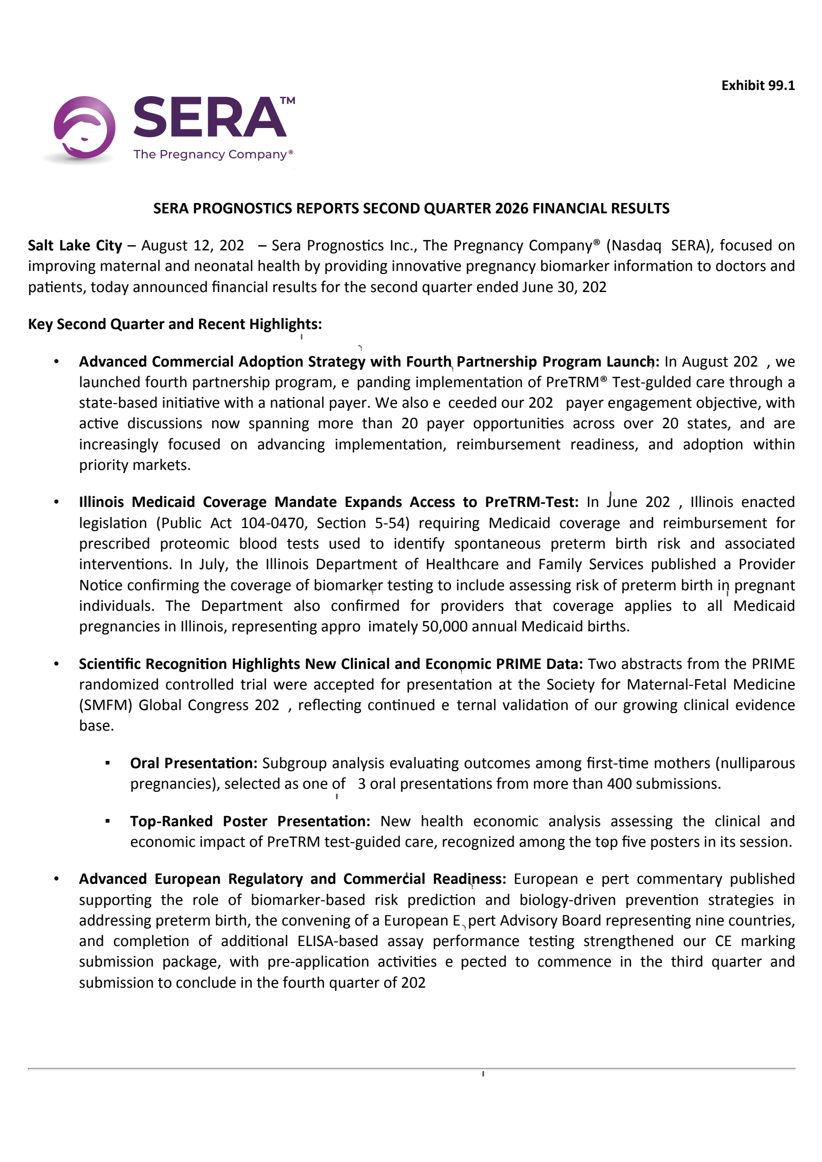 Sera Prognostics' Q2 2026 Press Release