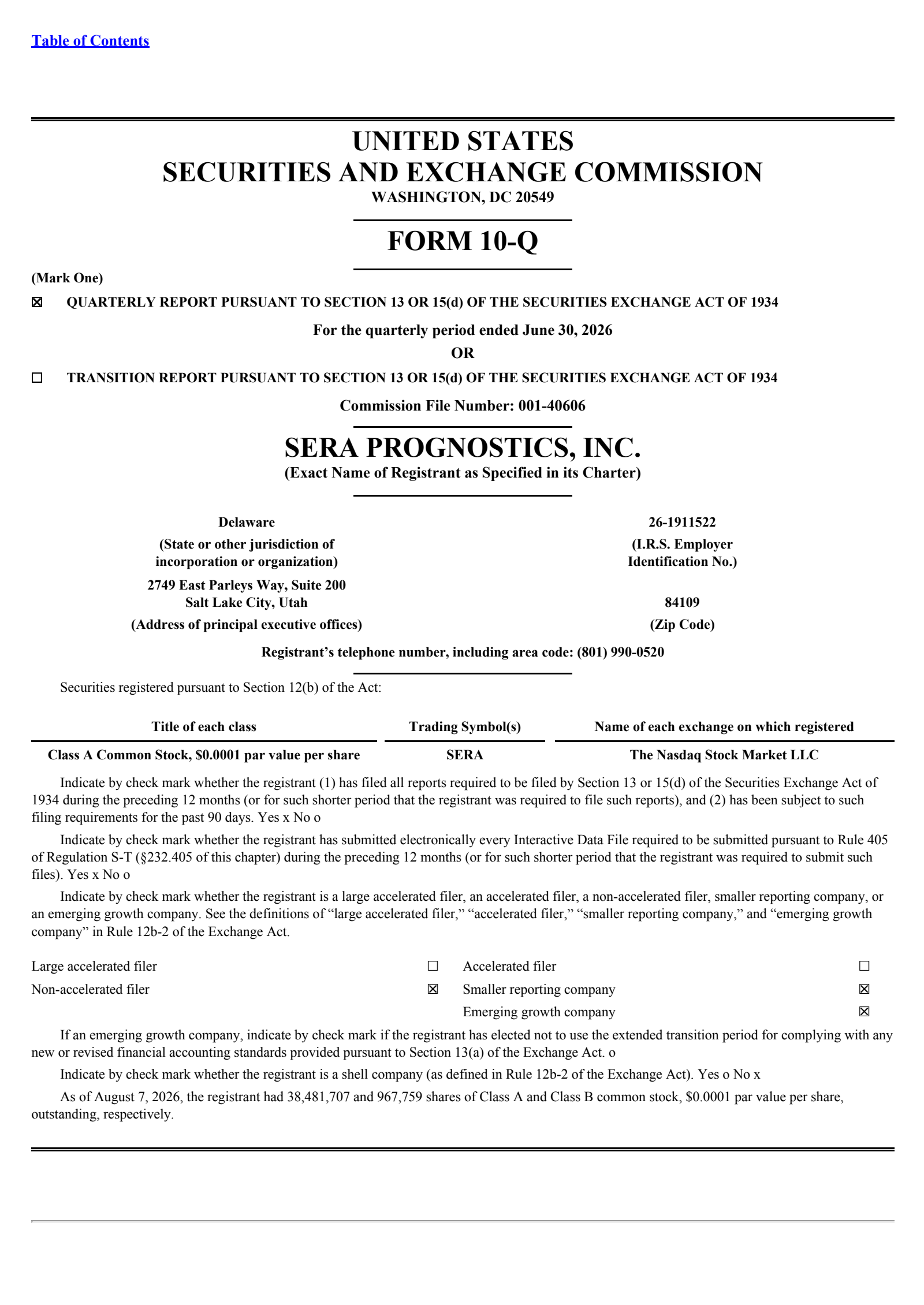 Sera Prognostics' Q2 2026 Quarterly report