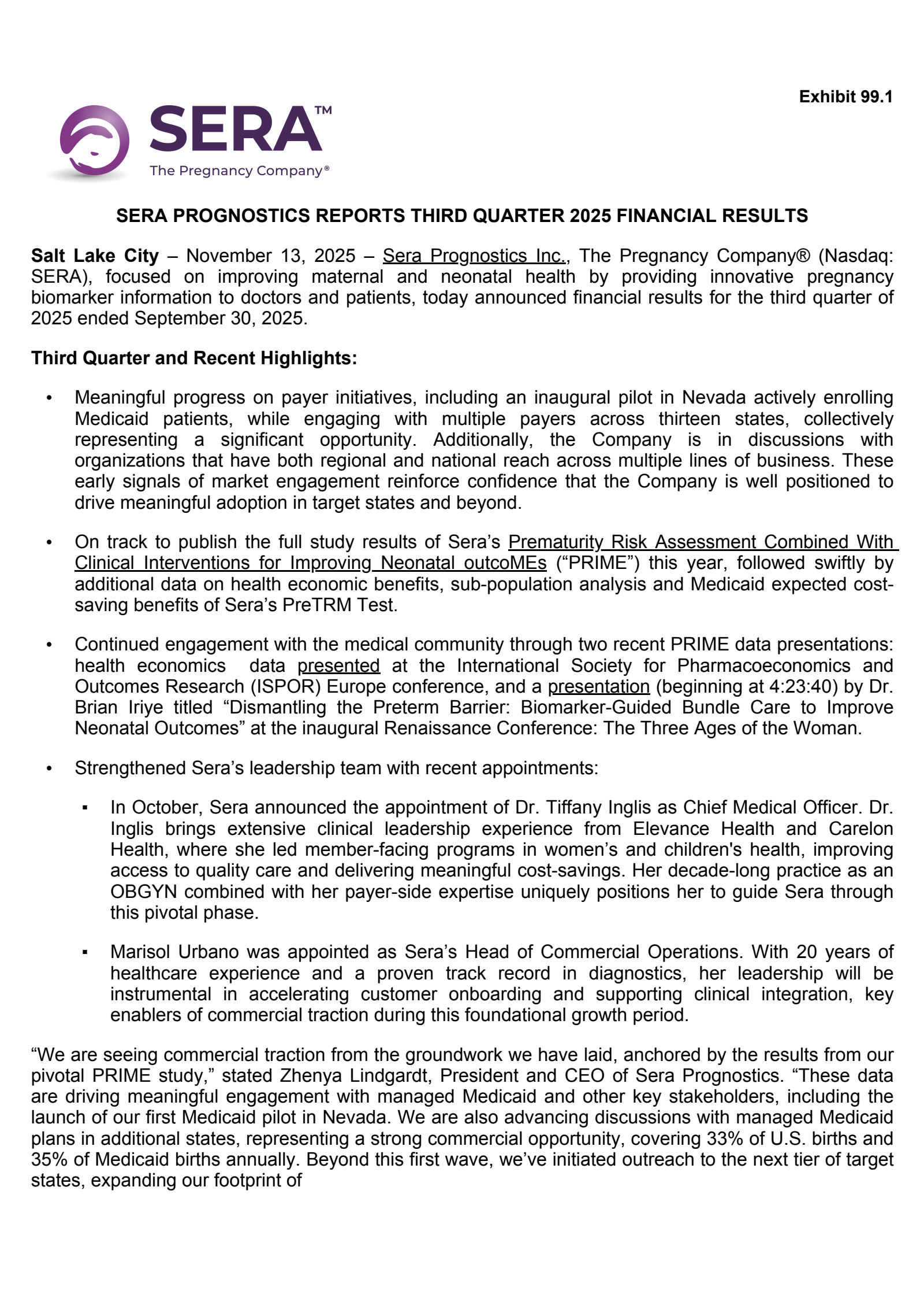 Sera Prognostics' Q3 2025 Earnings Release