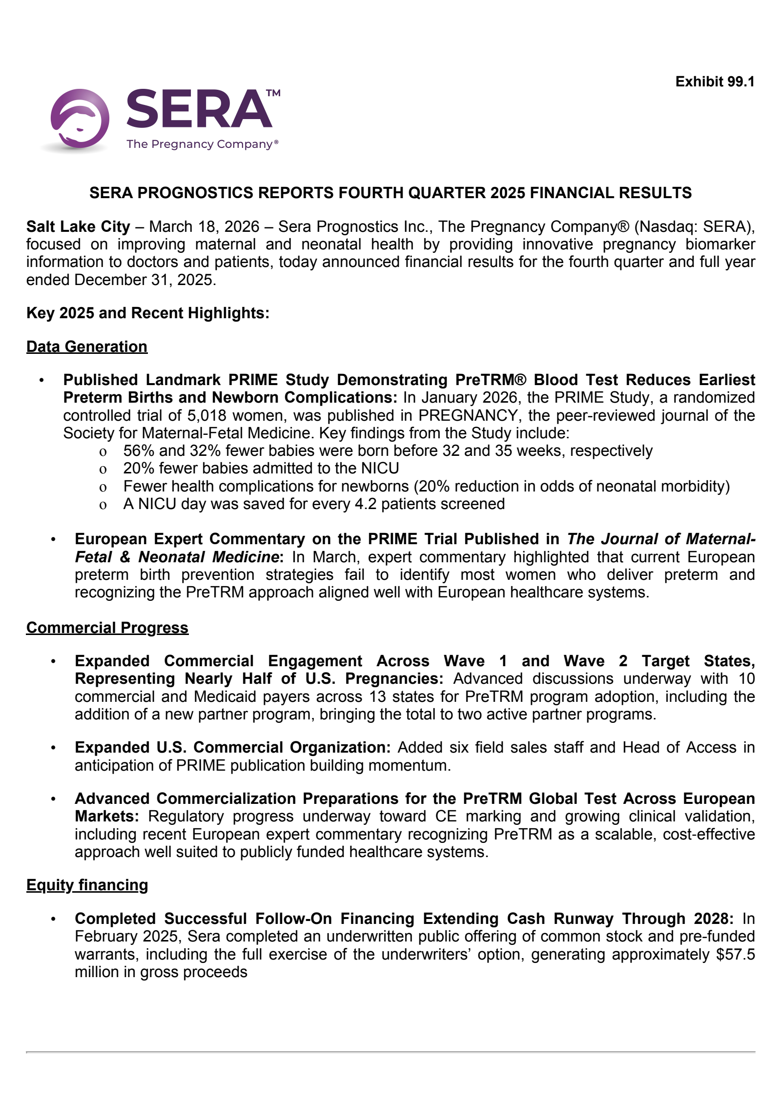 Sera Prognostics' Q4 2025 Press Release