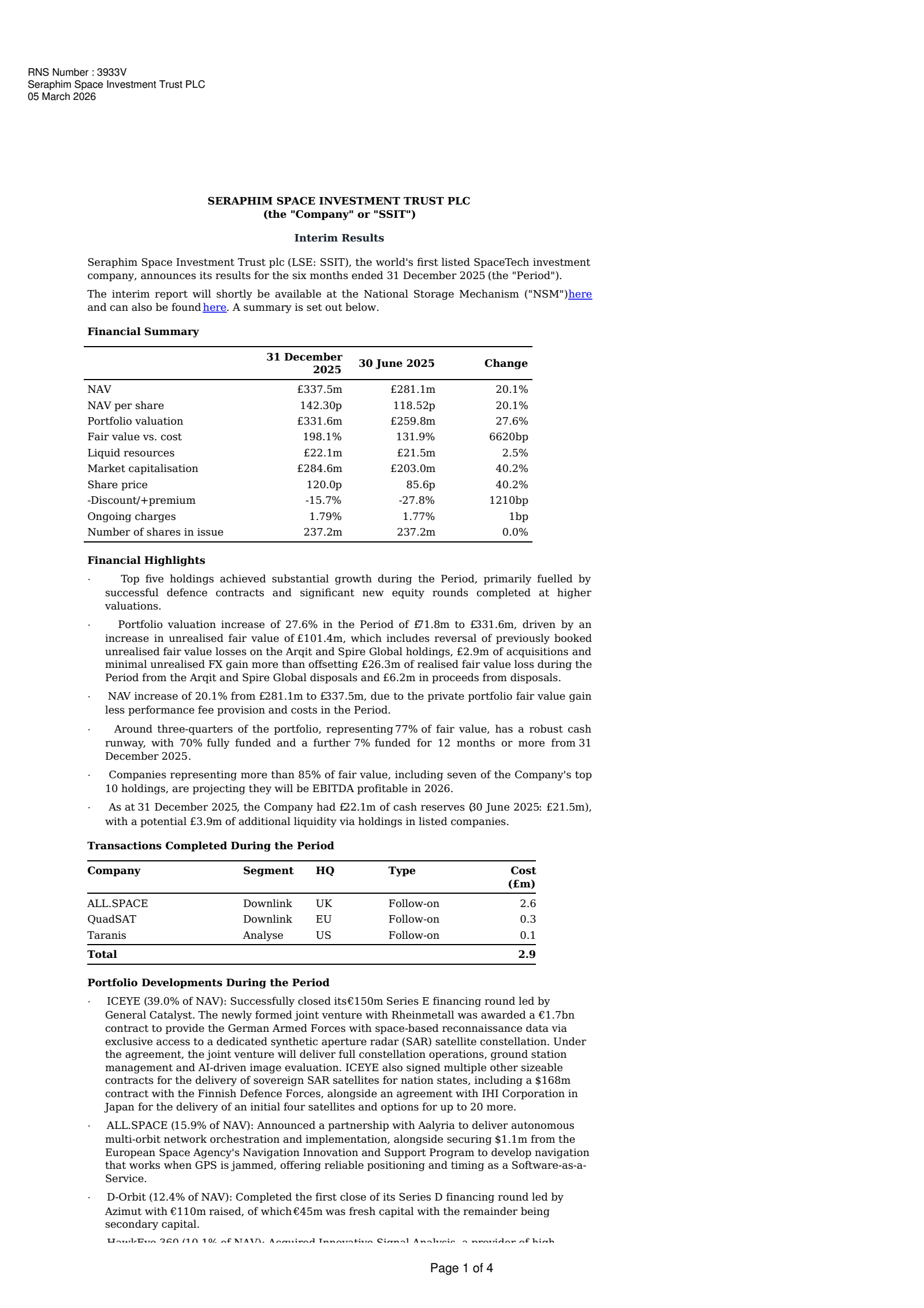 Seraphim Space Investment Trust's H1 2026 Press Release