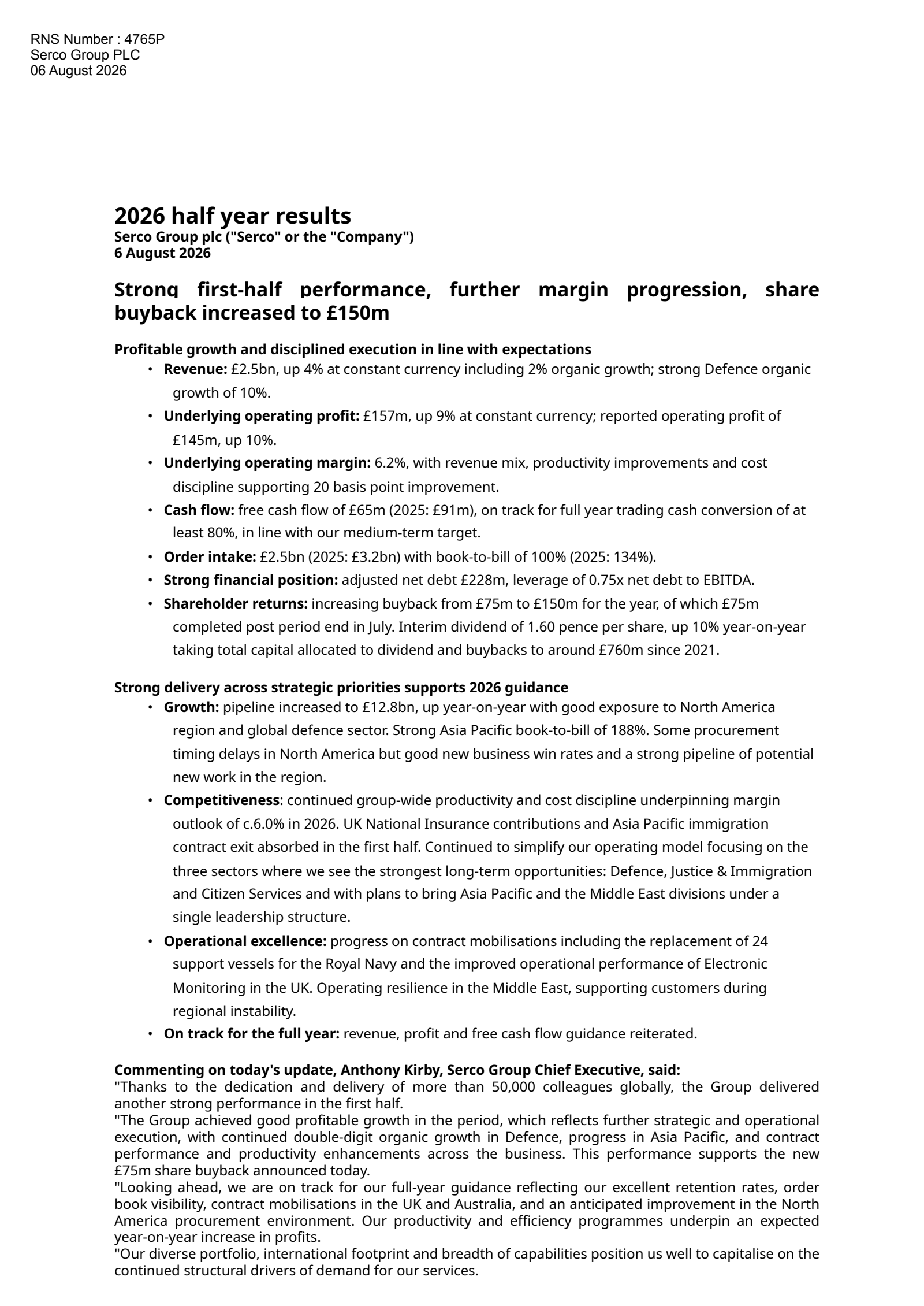 Serco Group's H1 2026 Interim report