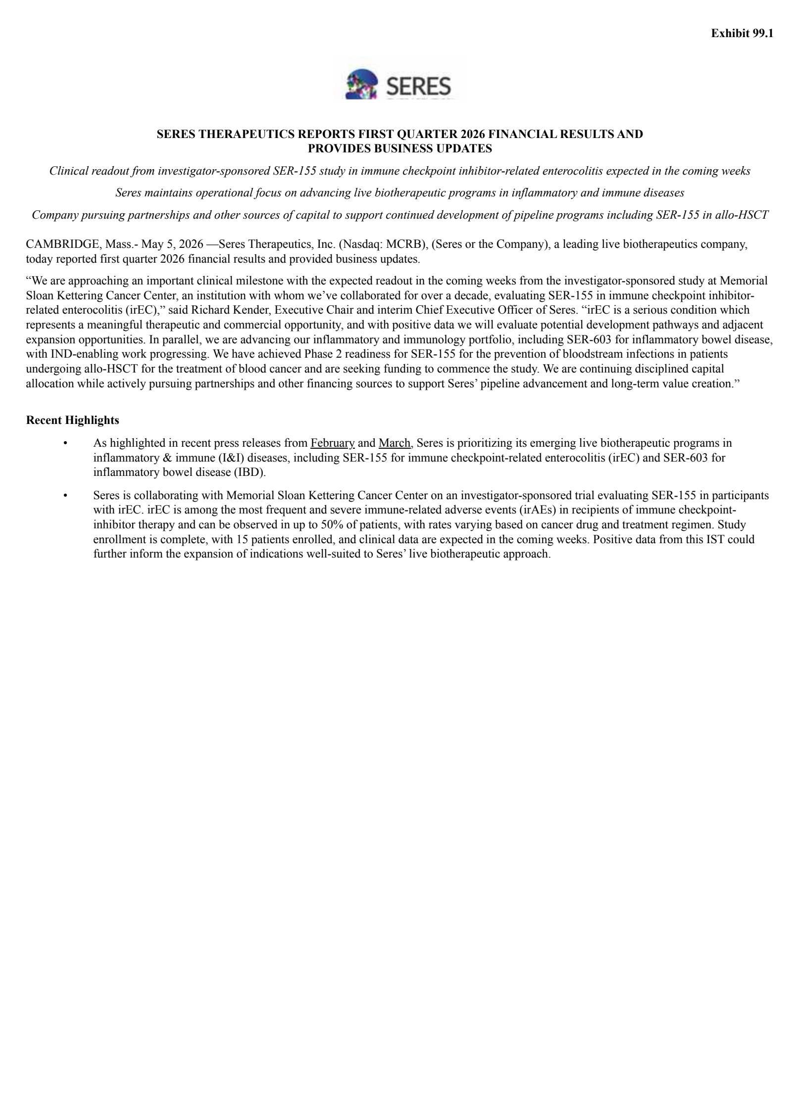 Seres Therapeutics' Q1 2026 Press Release