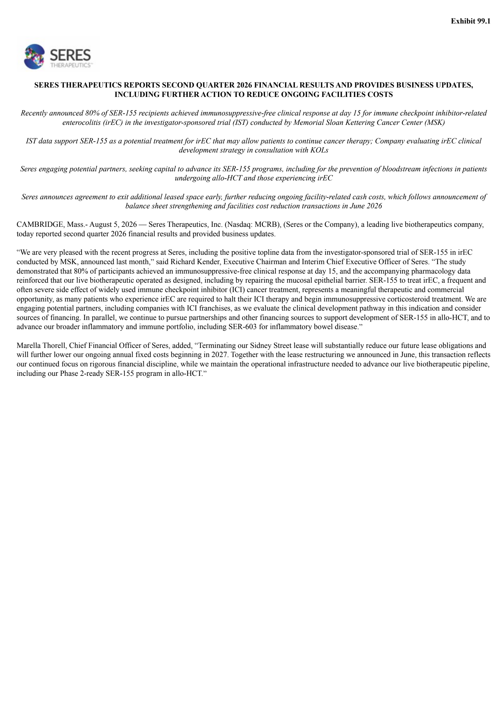 Seres Therapeutics' Q2 2026 Press Release