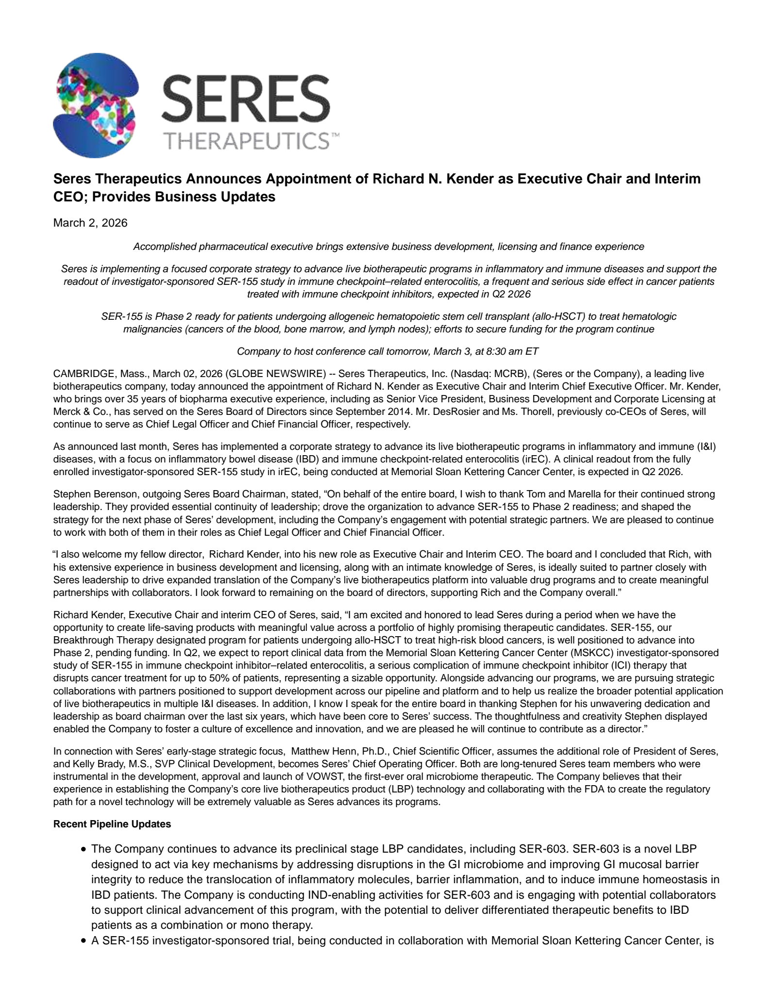 Seres Therapeutics' Status update Press Release