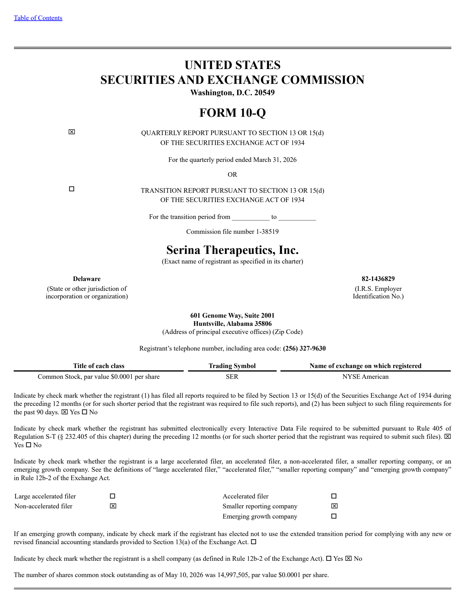 Serina Therapeutics' Q1 2026 Quarterly report