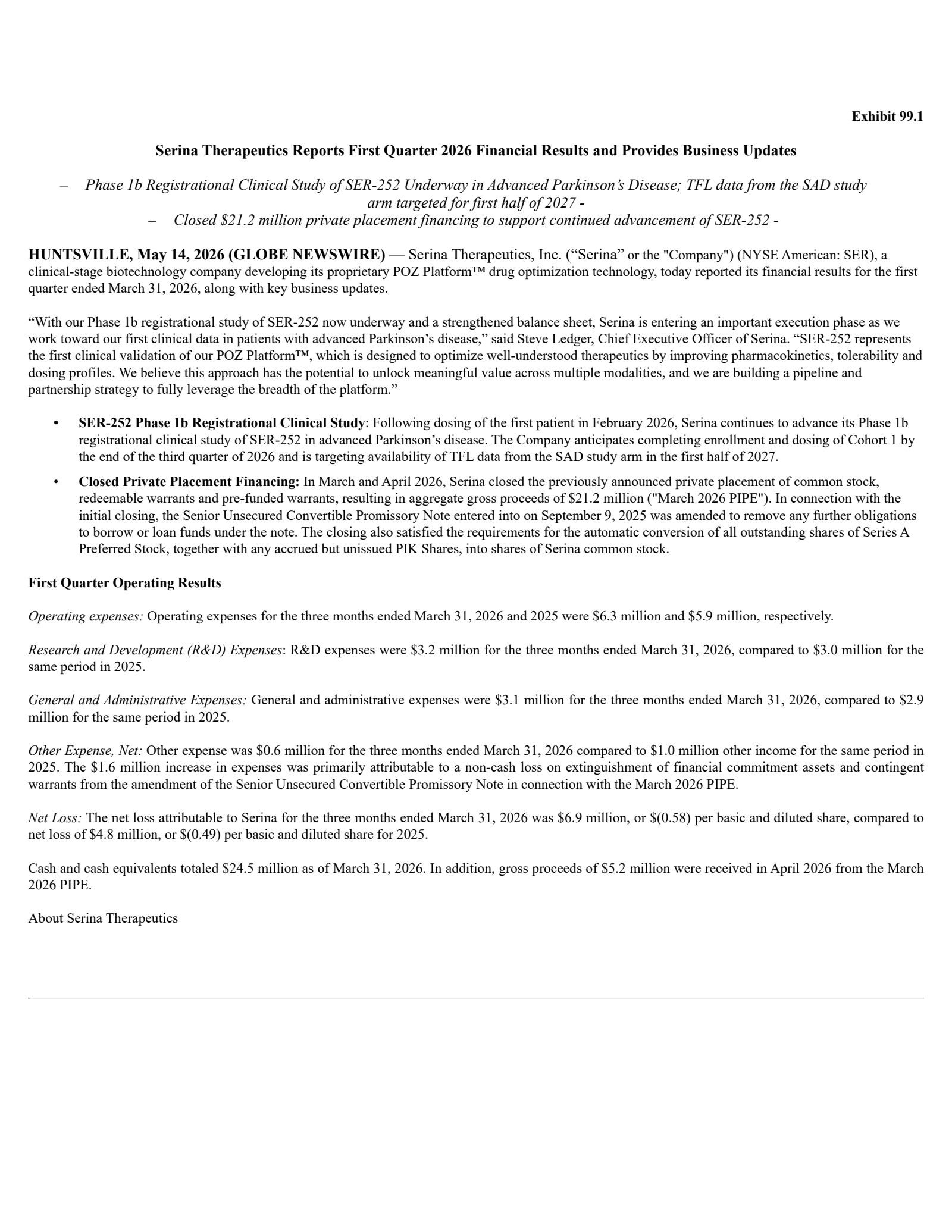 Serina Therapeutics' Q1 2026 Press Release