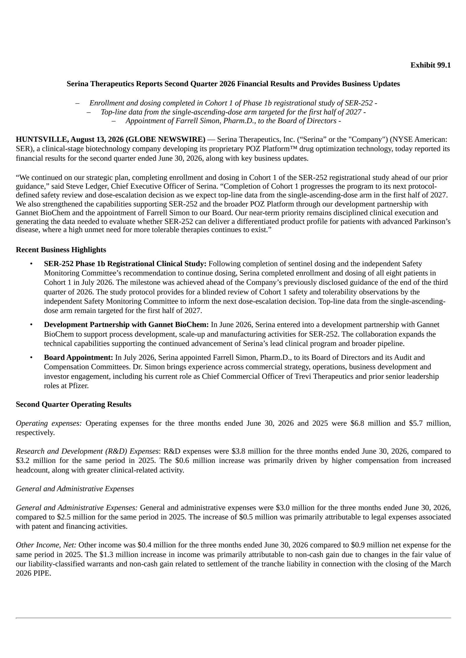 Serina Therapeutics' Q2 2026 Press Release
