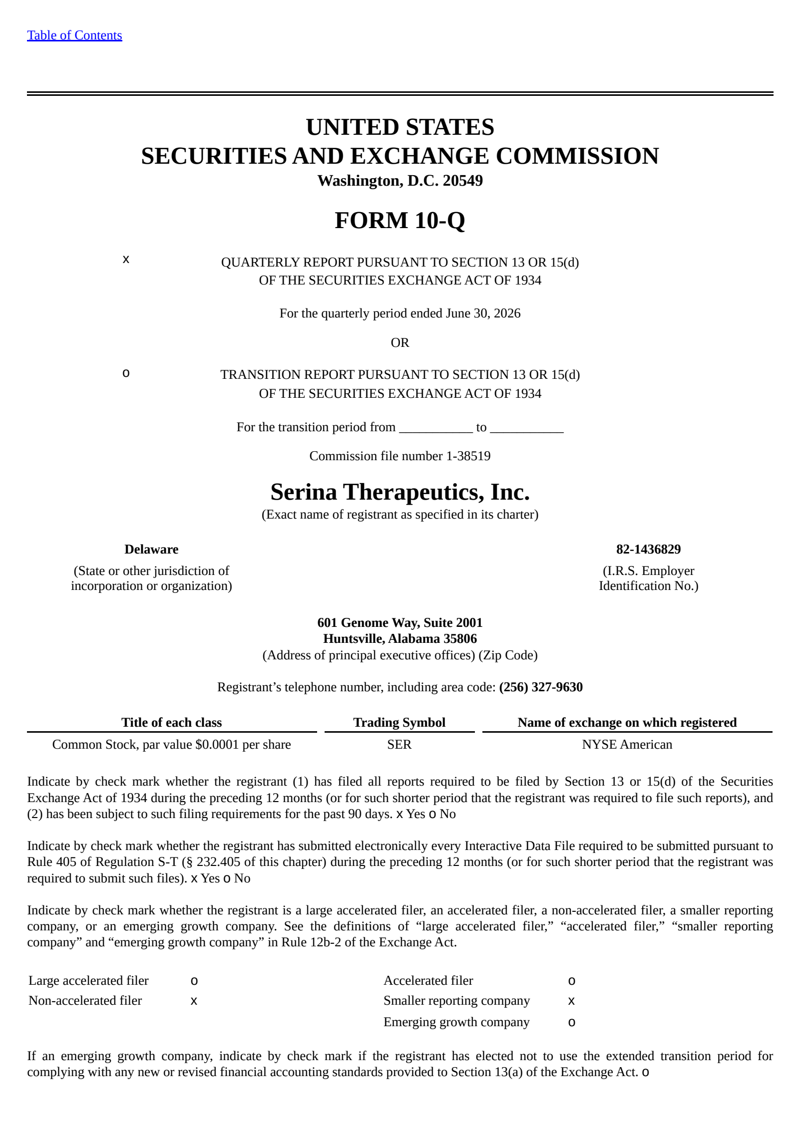 Serina Therapeutics' Q2 2026 Quarterly report
