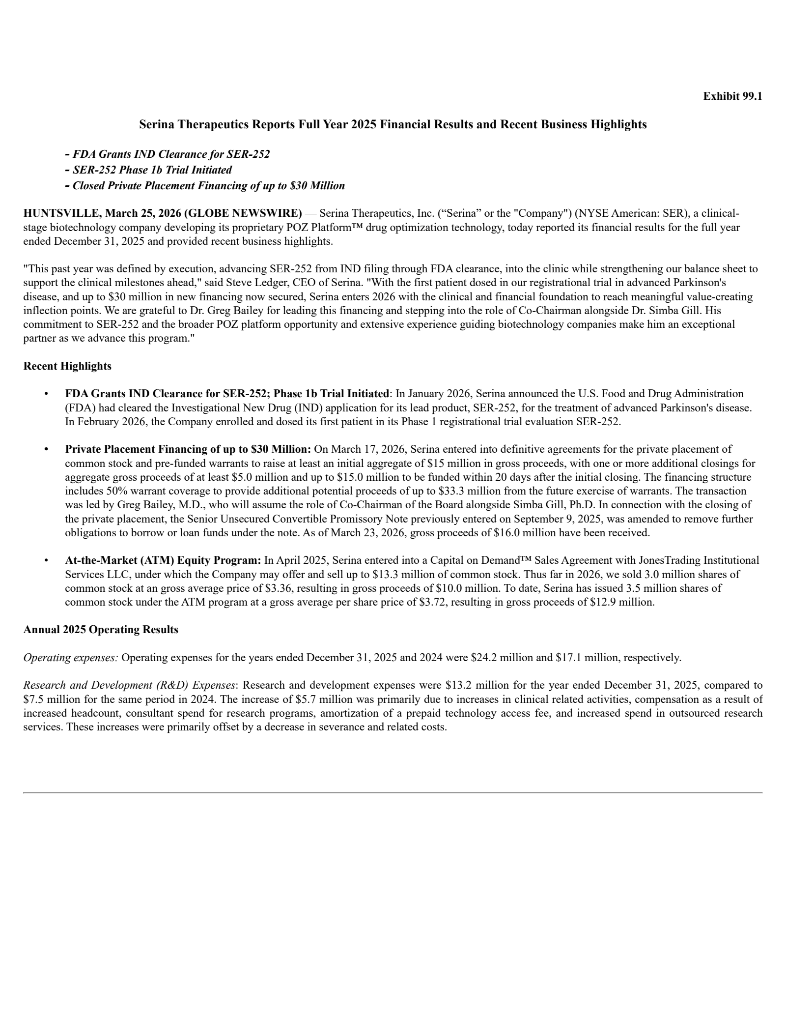 Serina Therapeutics' Q4 2025 Press Release