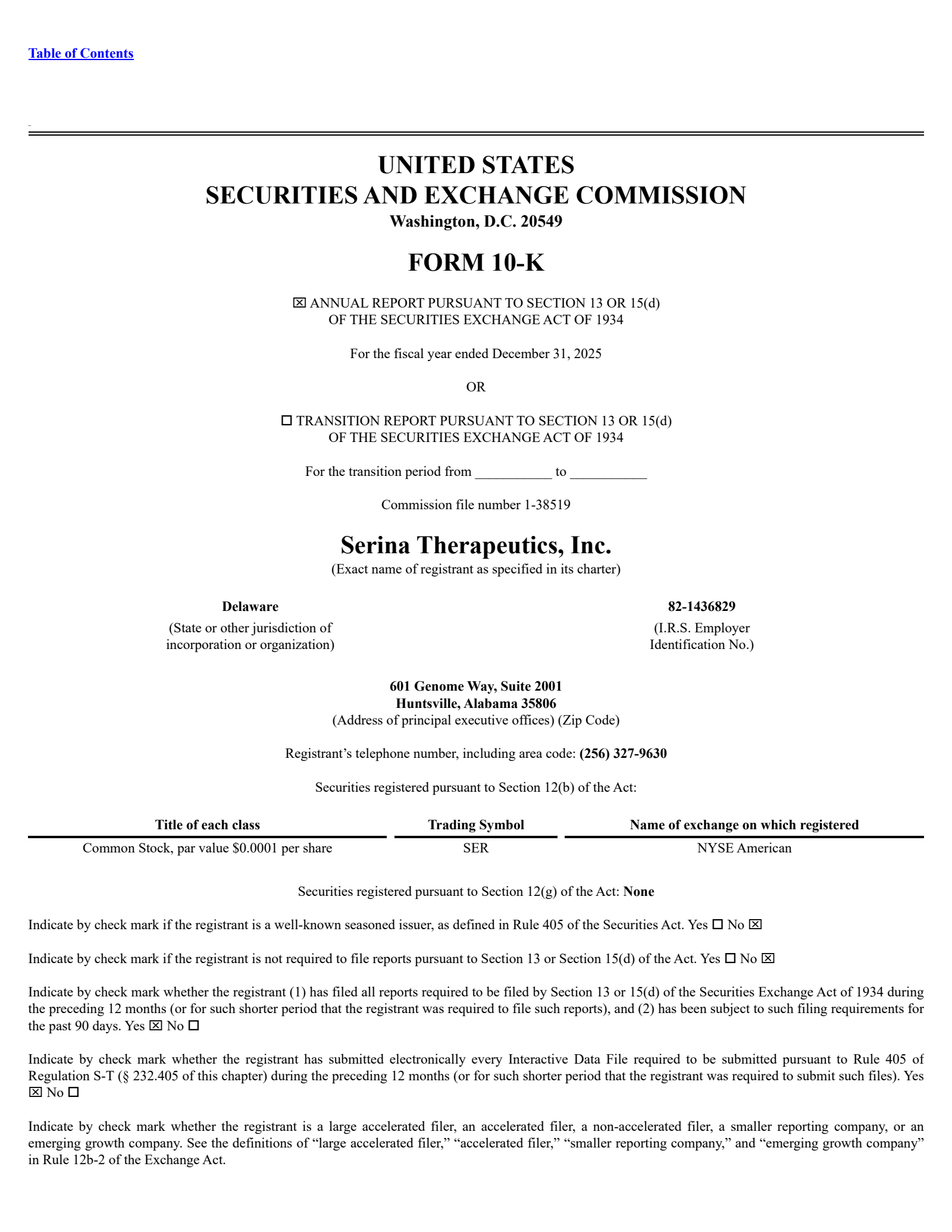 Serina Therapeutics' Q4 2025 Annual report