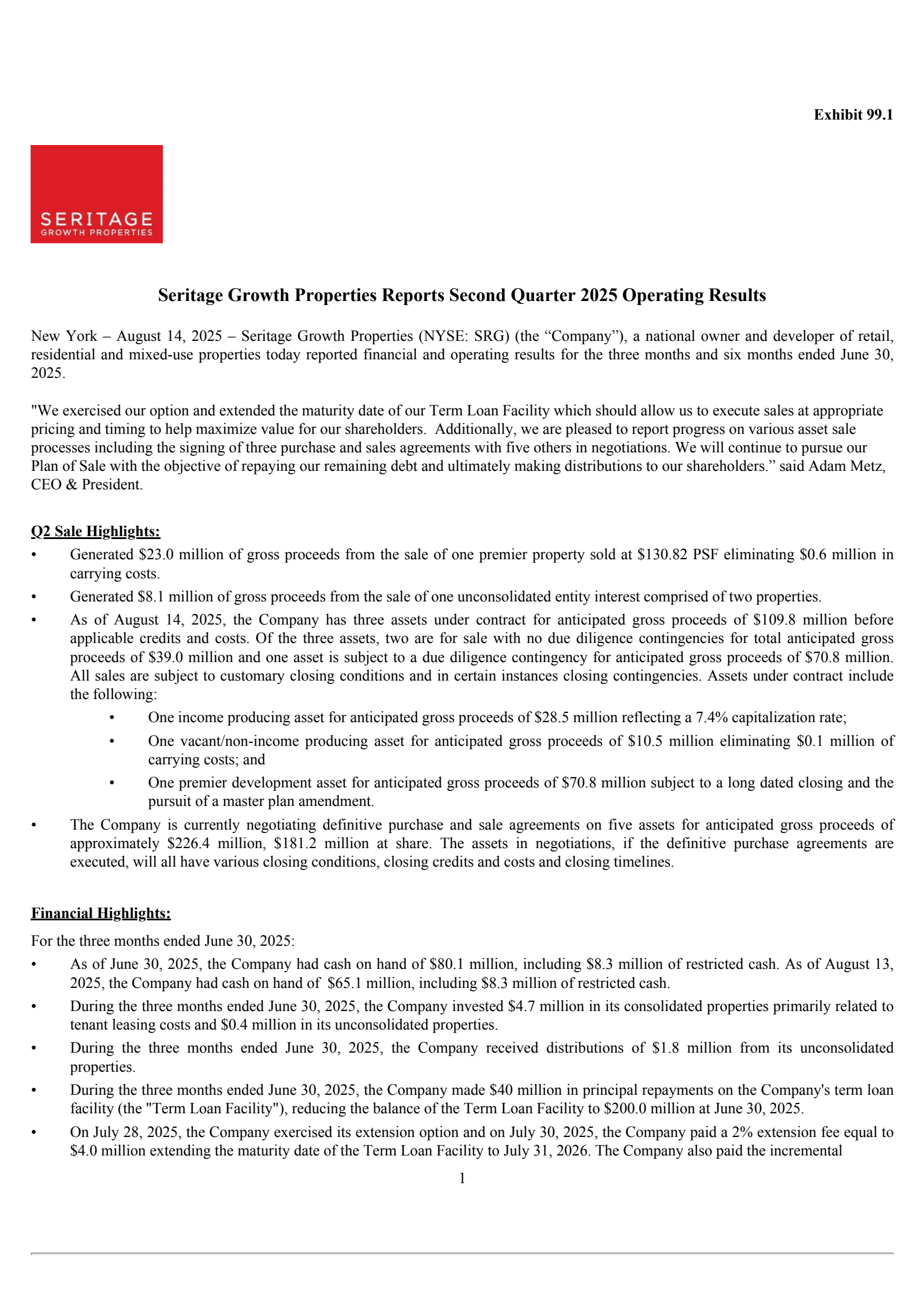 Seritage Growth Properties' Q2 2025 Press Release