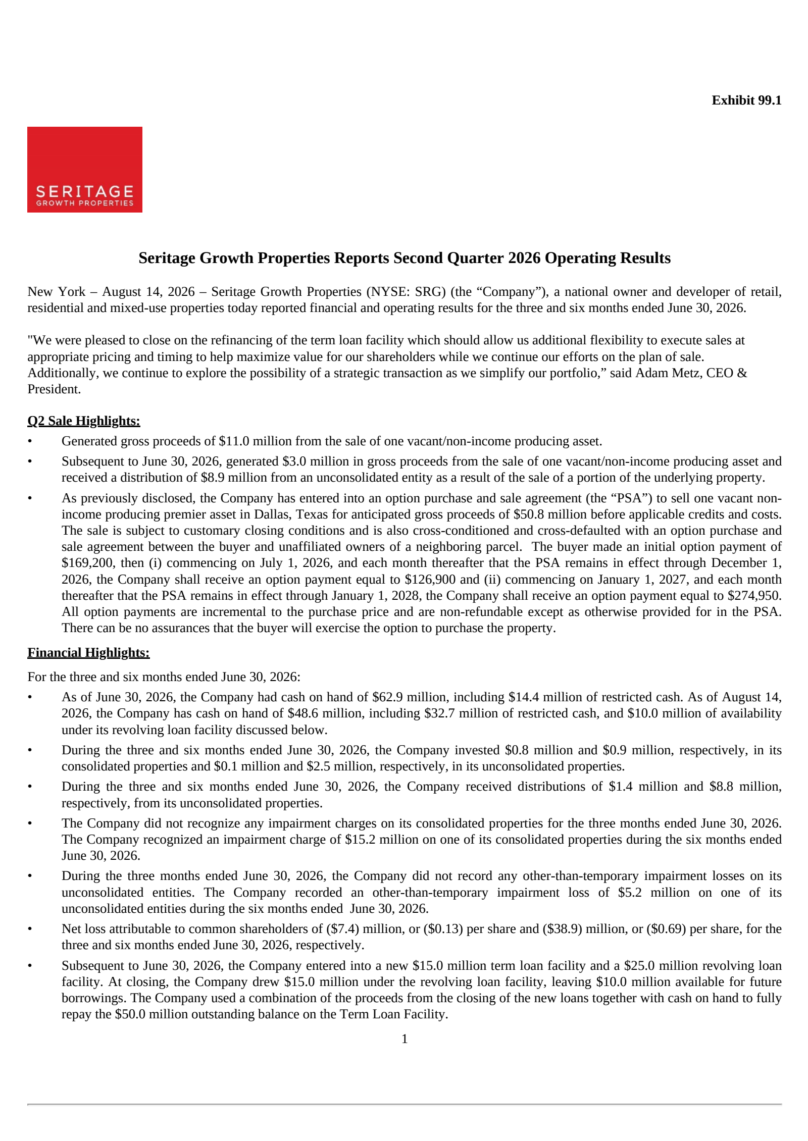 Seritage Growth Properties' Q2 2026 Press Release