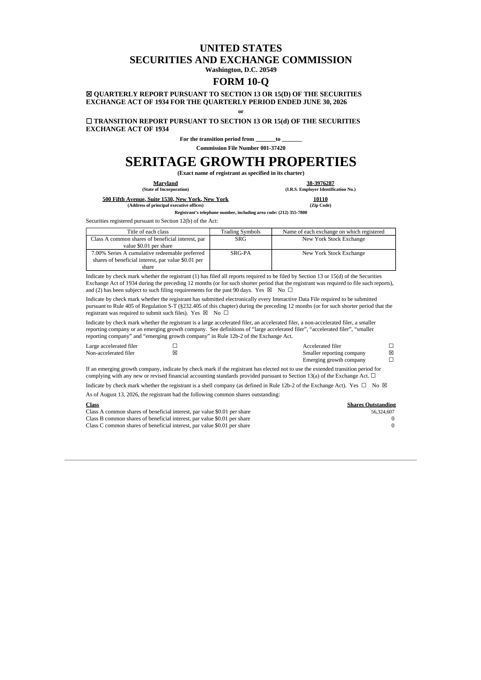 Seritage Growth Properties' Q2 2026 Quarterly report