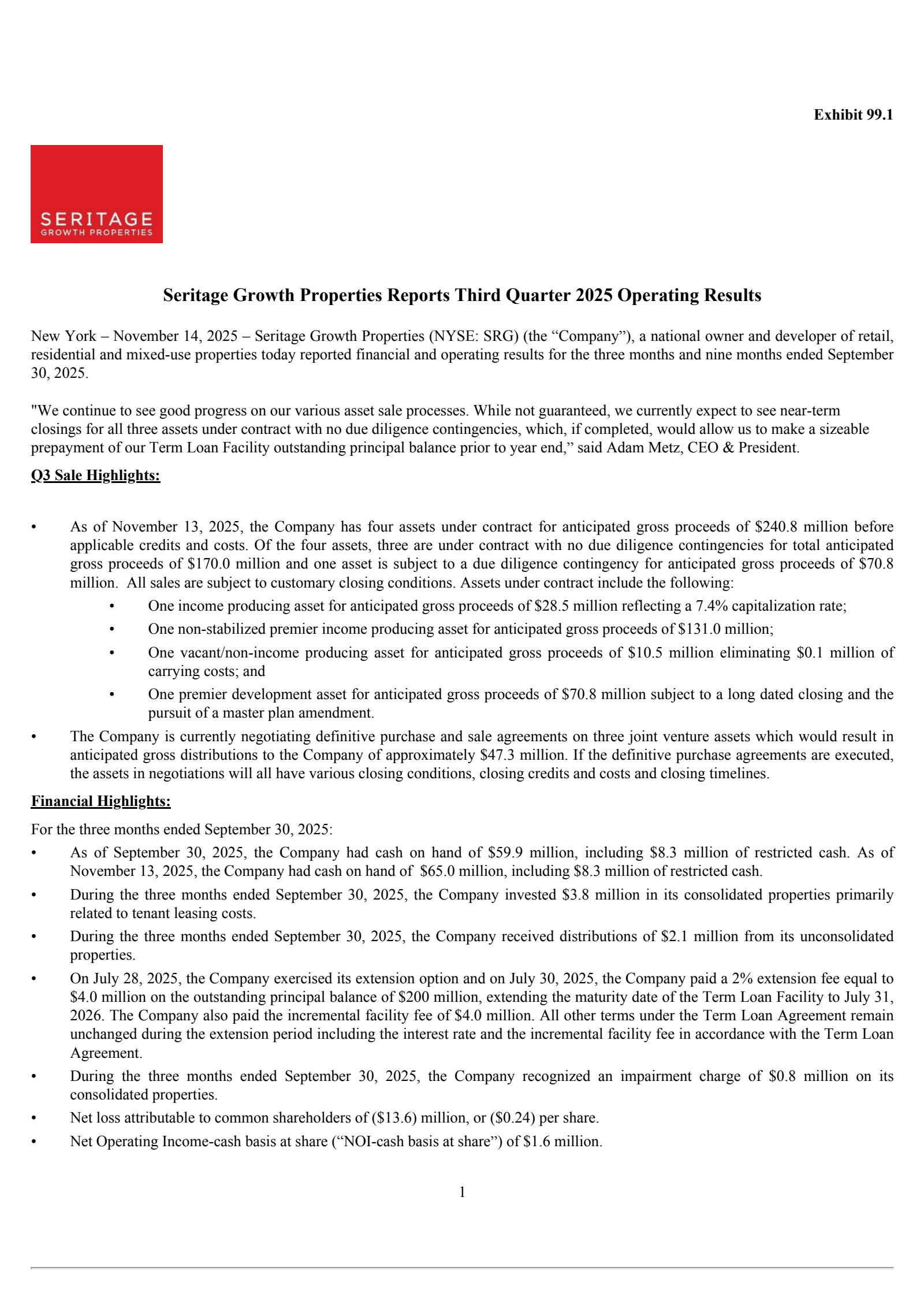Seritage Growth Properties' Q3 2025 Earnings Release