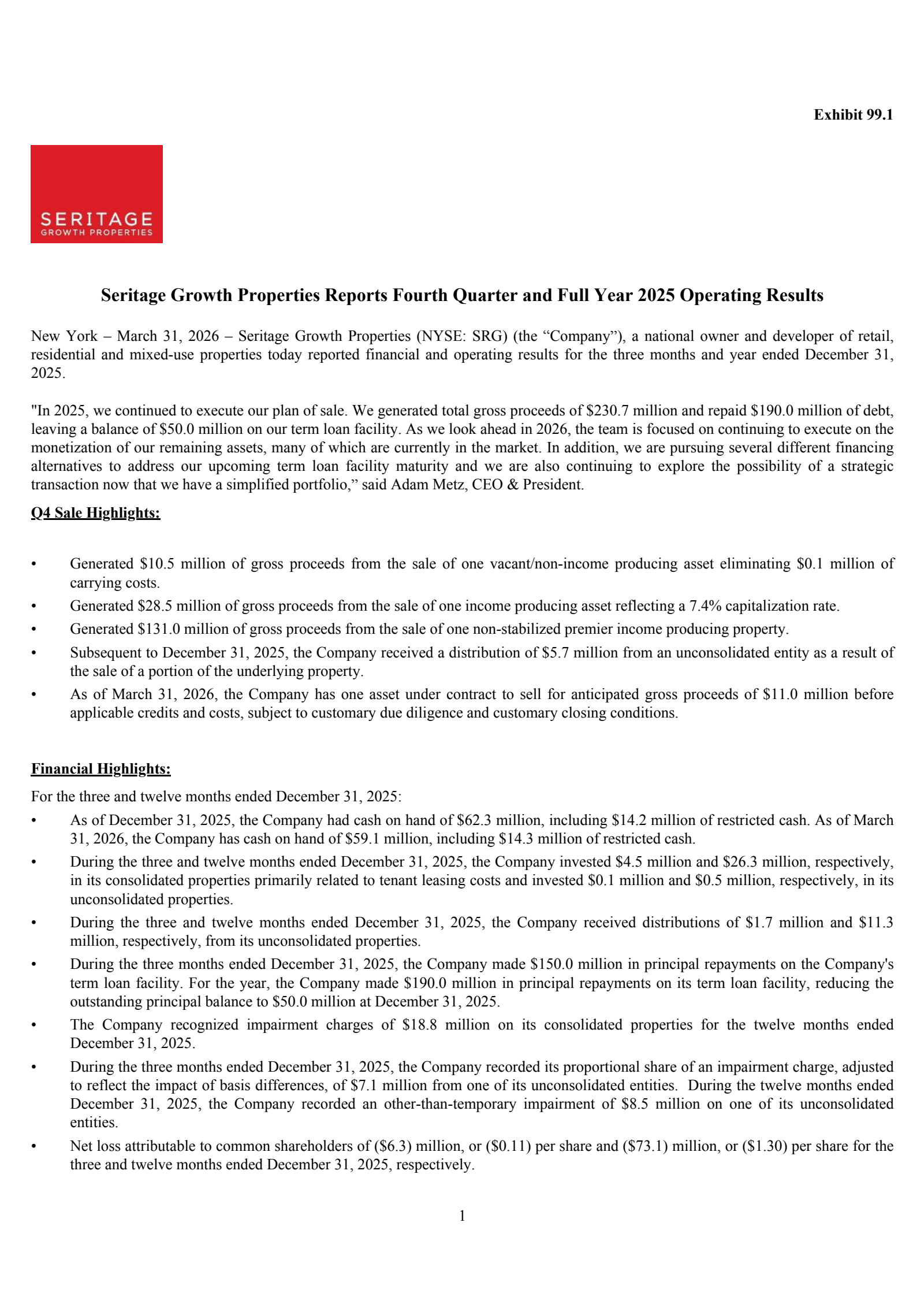 Seritage Growth Properties' Q4 2025 Press Release