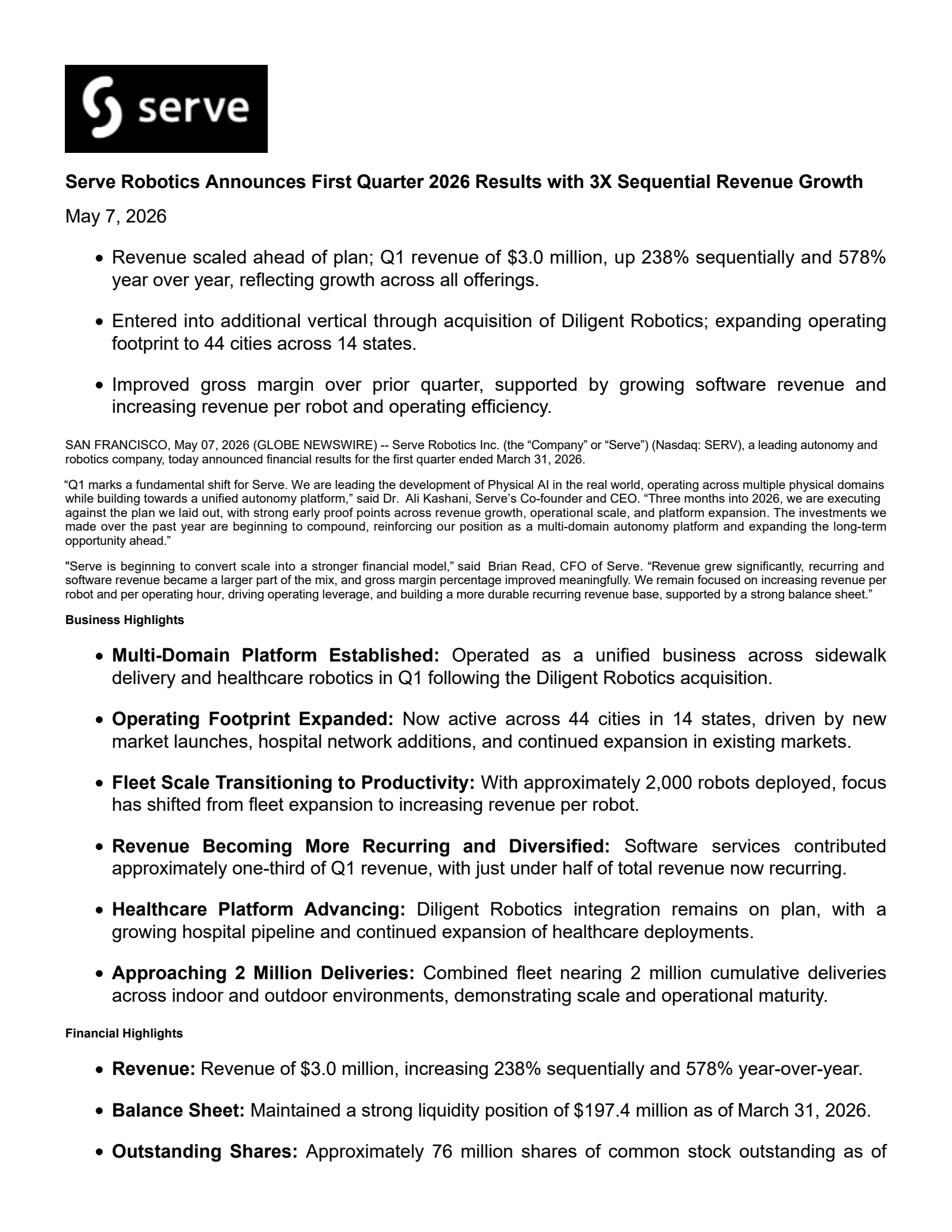 Serve Robotics' Q1 2026 Press Release