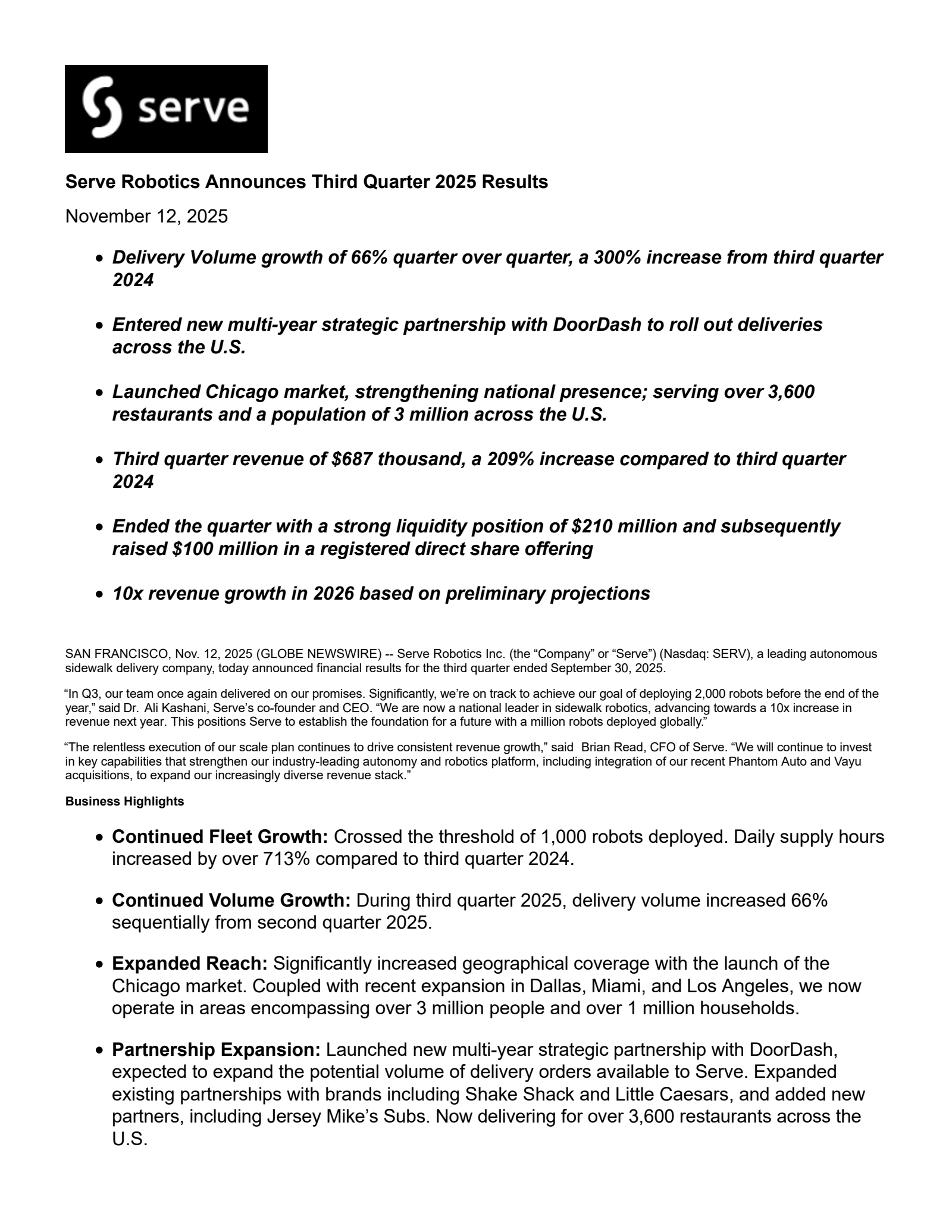 Serve Robotics' Q3 2025 Earnings Release