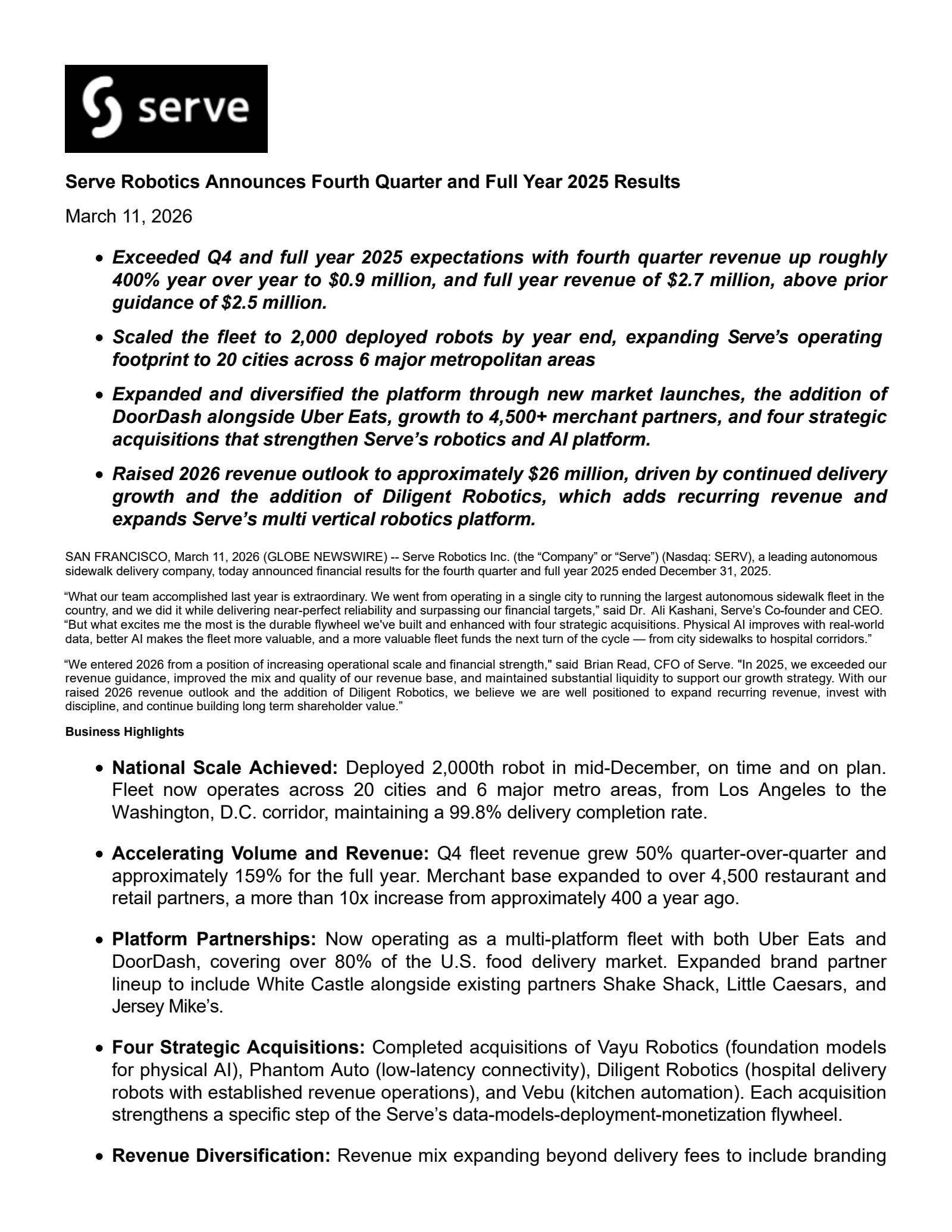 Serve Robotics' Q4 2025 Press Release