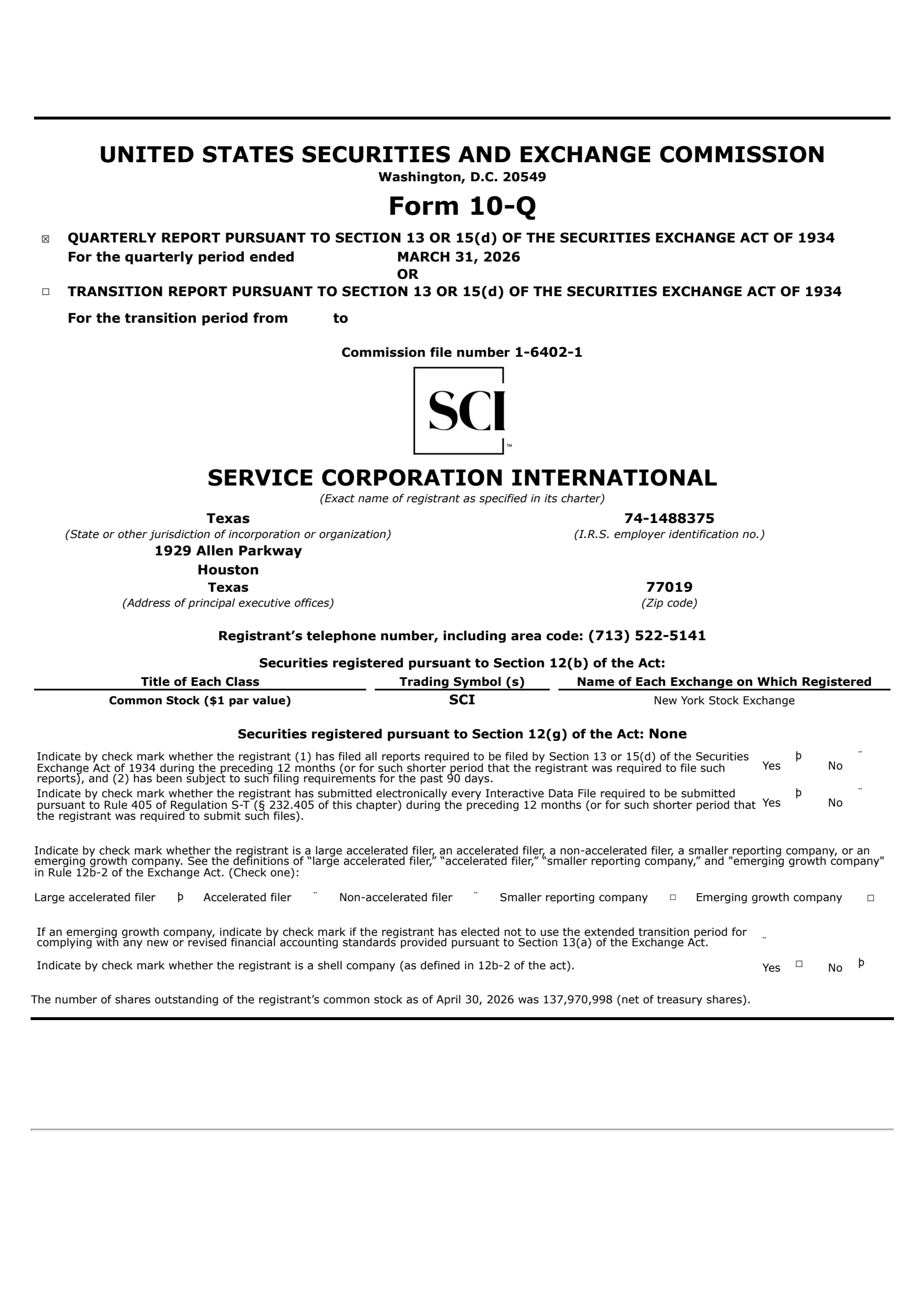 Service Corporation International's Q1 2026 Quarterly report