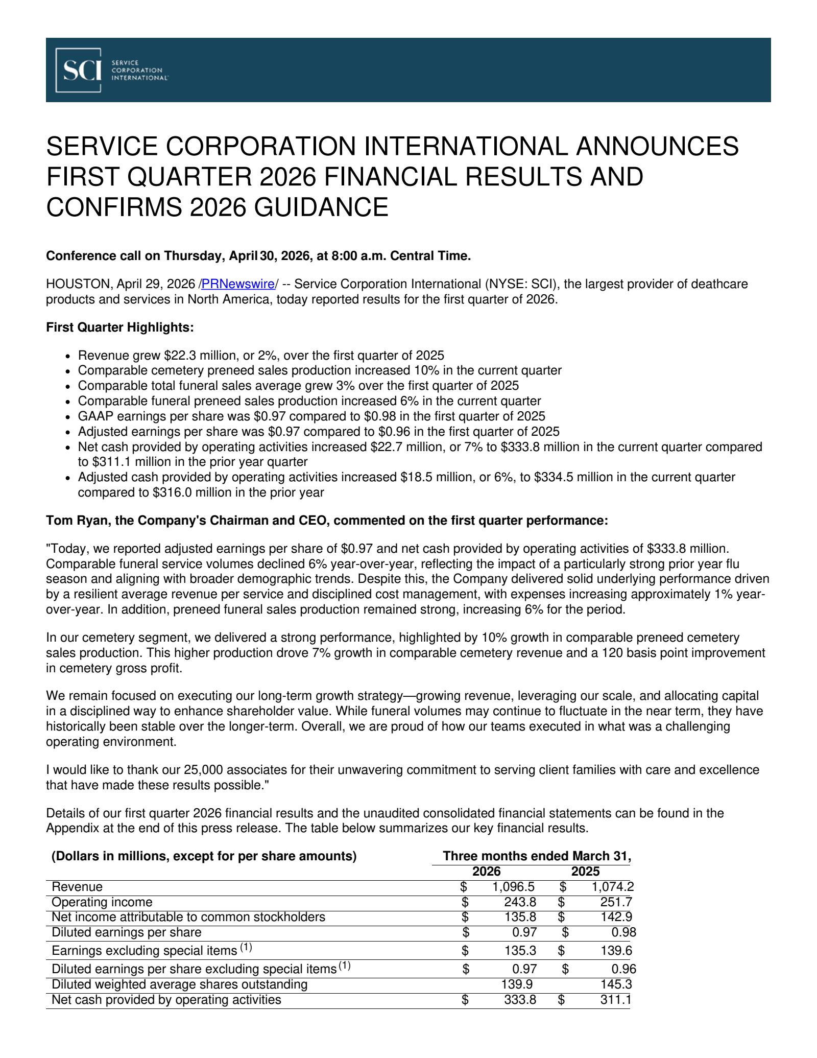 Service Corporation International's Q1 2026 Press Release