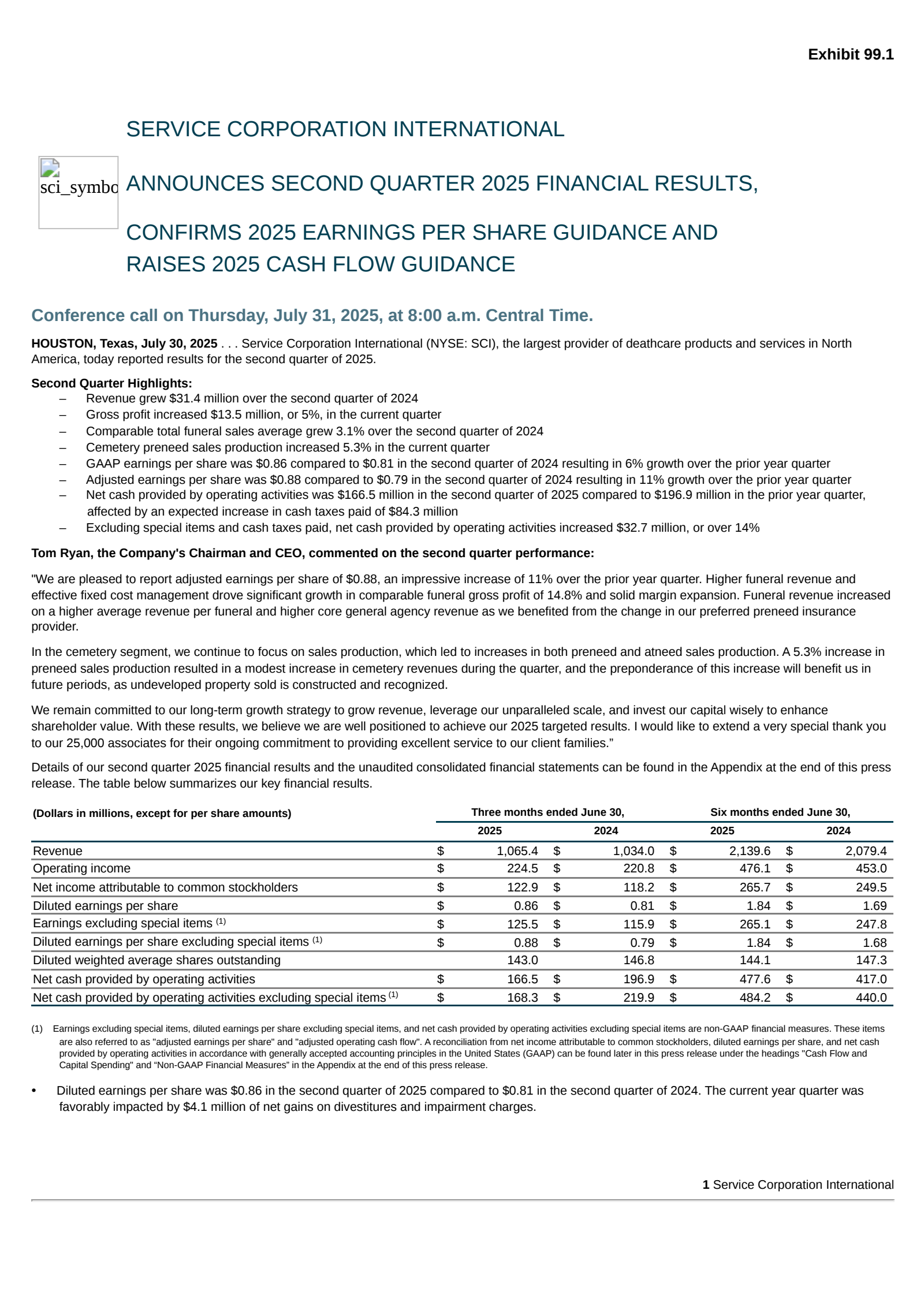 Service Corporation International's Q2 2025 Press Release