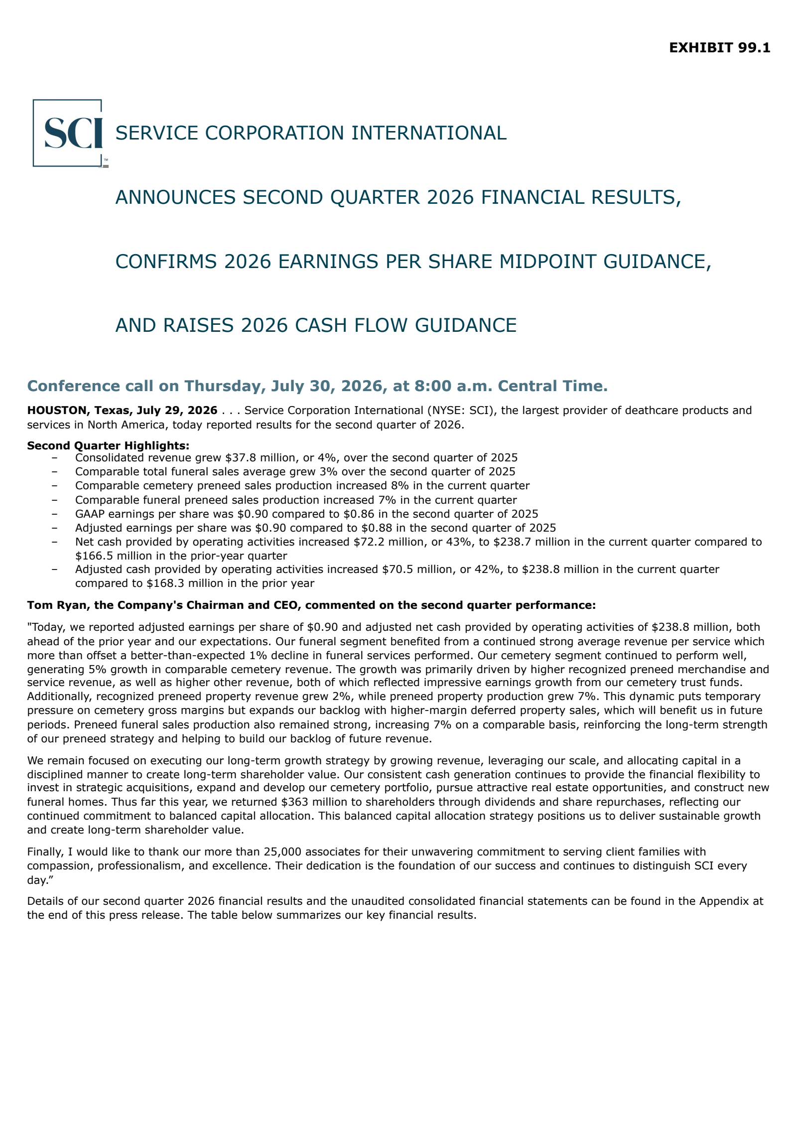 Service Corporation International's Q2 2026 Press Release