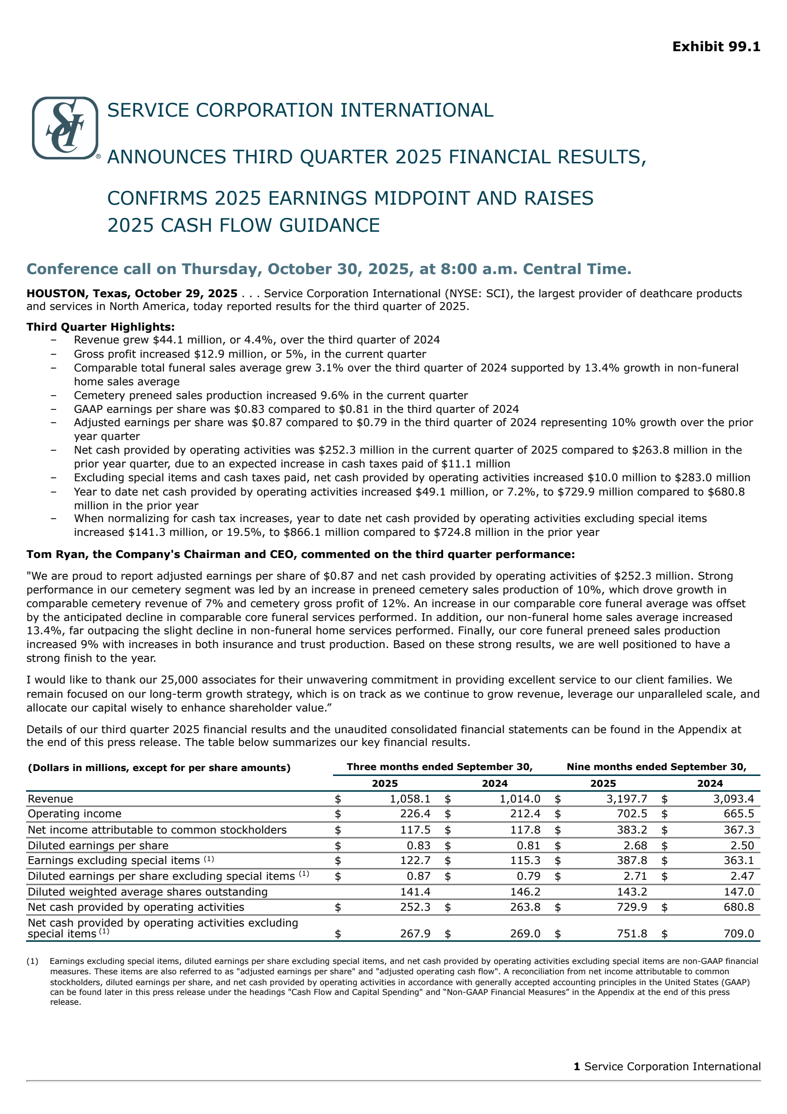 Service Corporation International's Q3 2025 Earnings Release