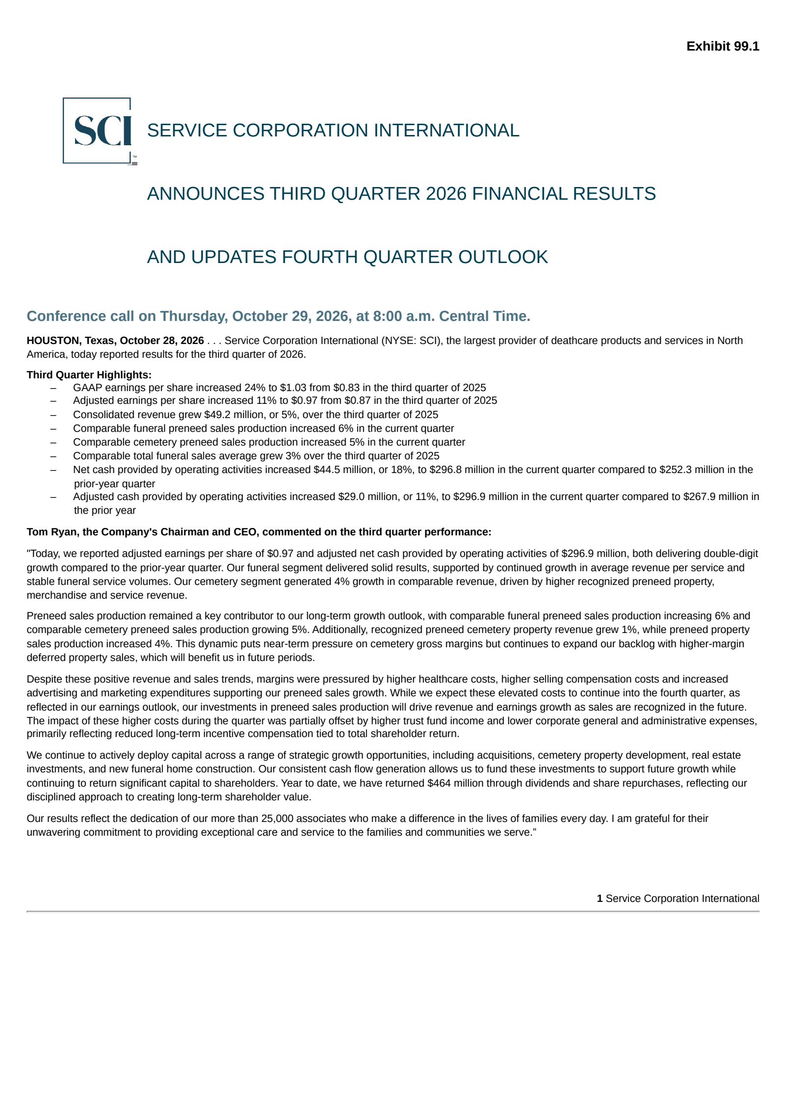 Service Corporation International's Q3 2026 Press Release