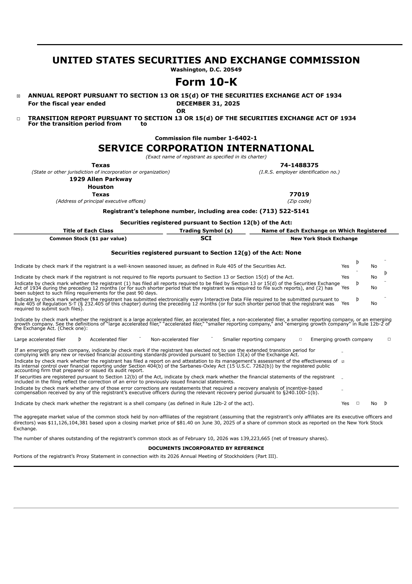 Service Corporation International's Q4 2025 Annual report