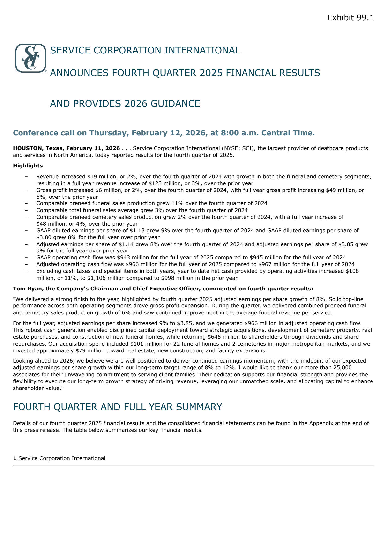 Service Corporation International's Q4 2025 Press Release