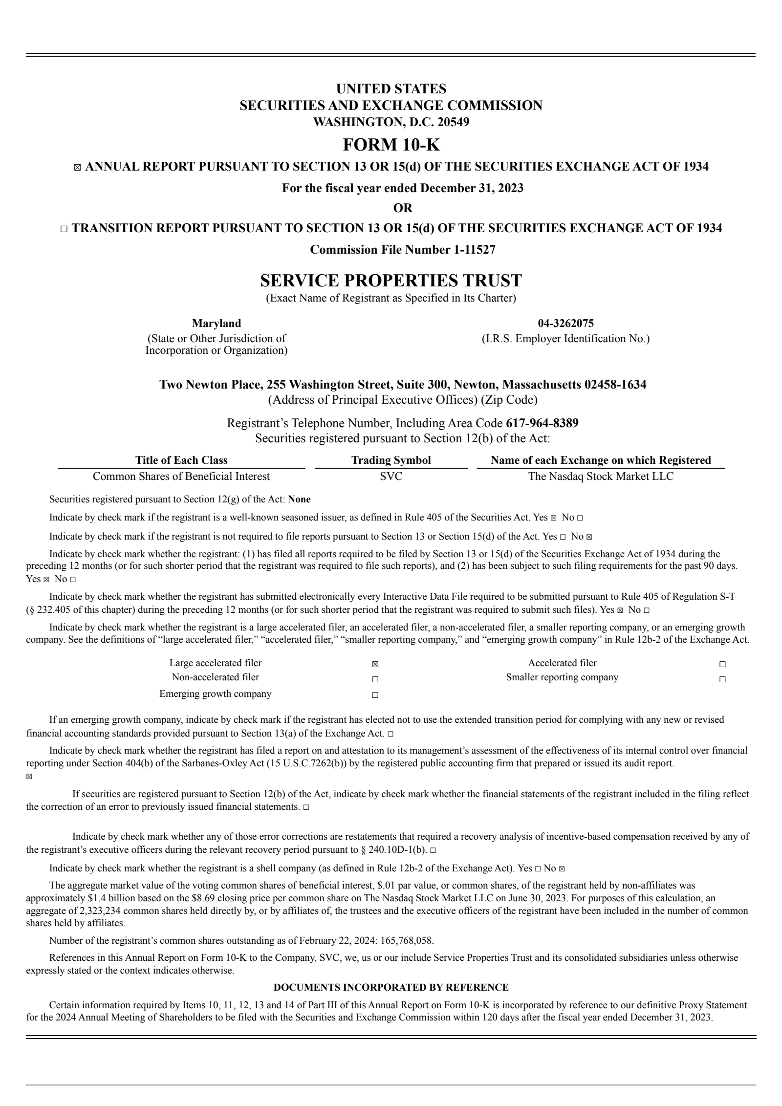 Service Properties Trust's Q4 2023 Annual report