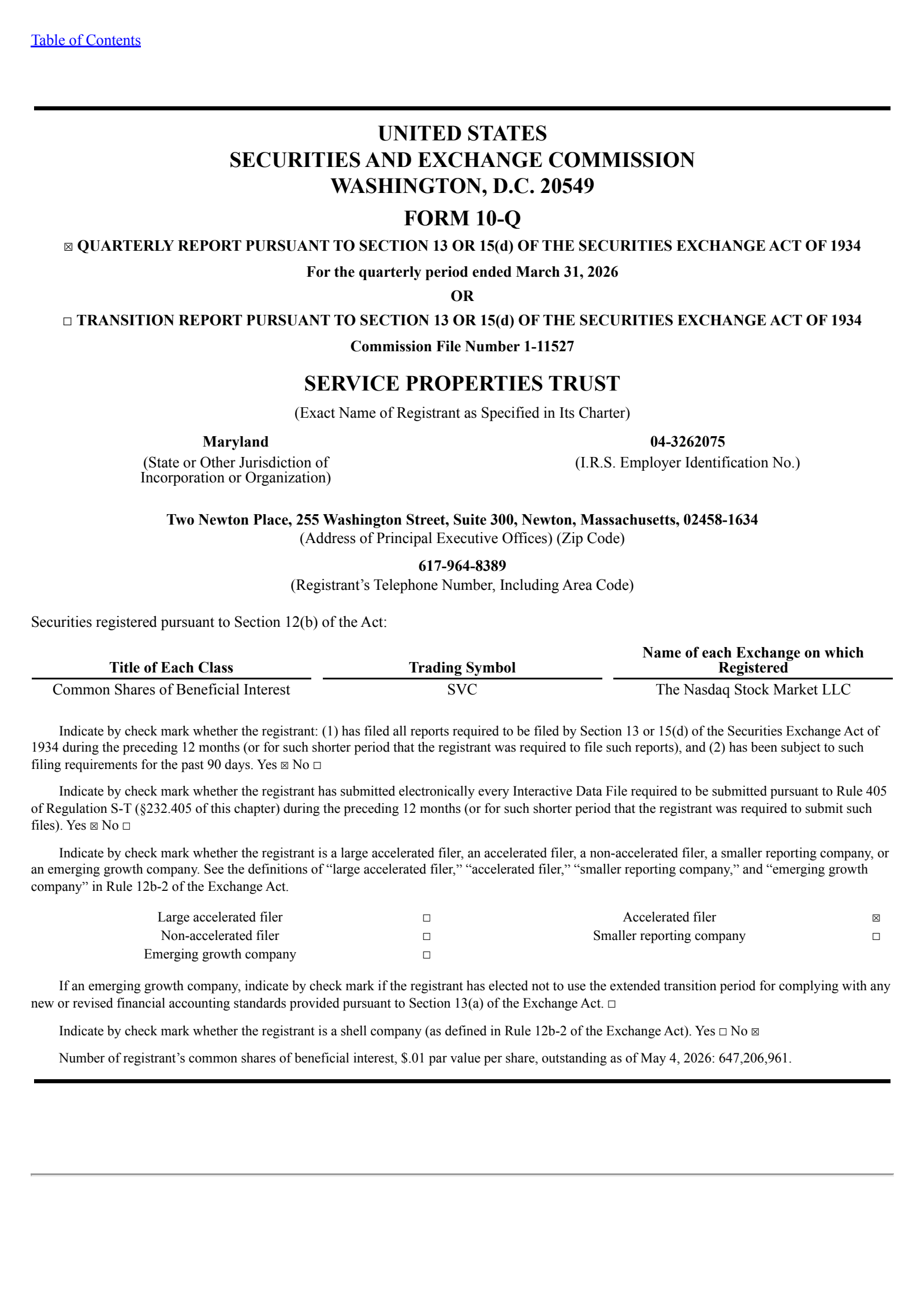 Service Properties Trust's Q1 2026 Quarterly report