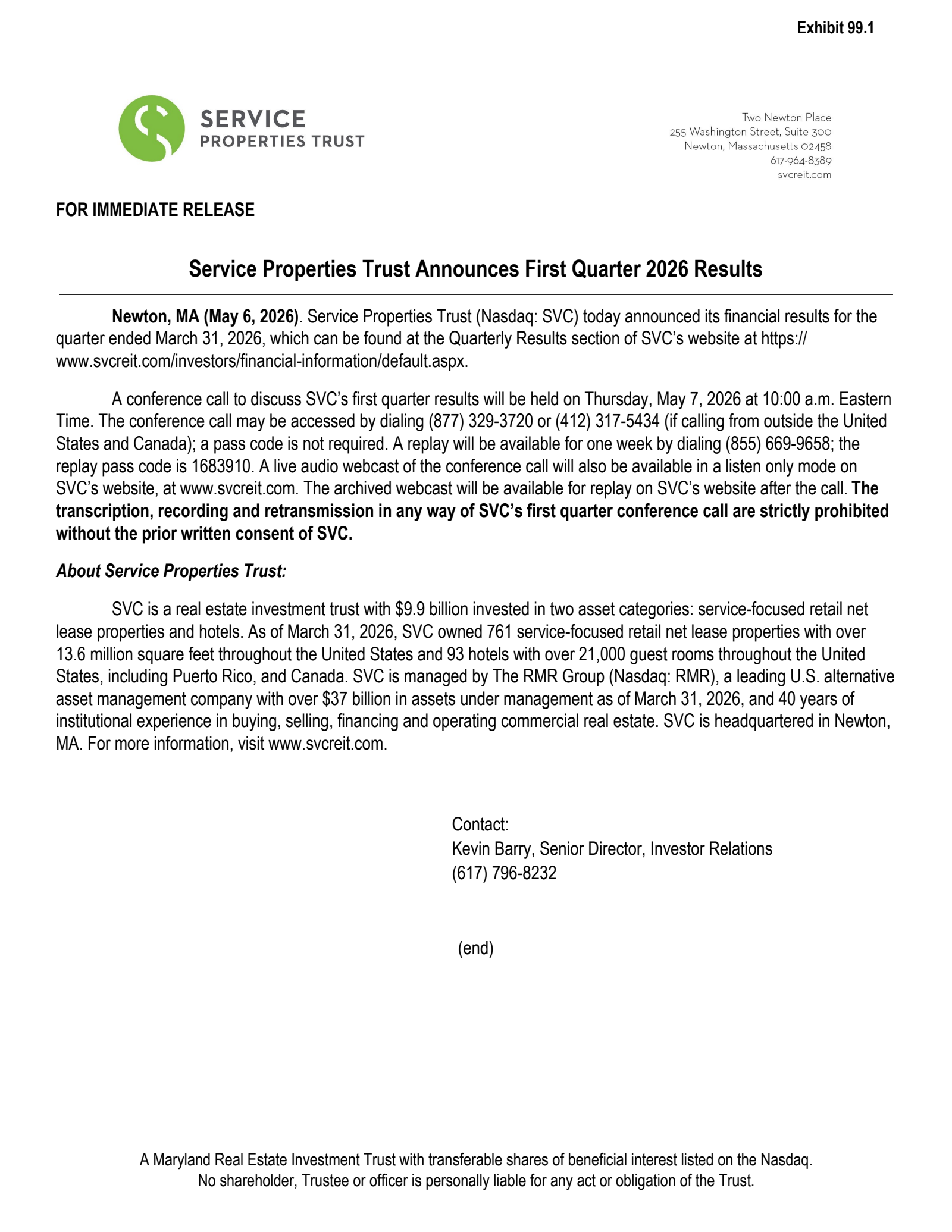Service Properties Trust's Q1 2026 Press Release
