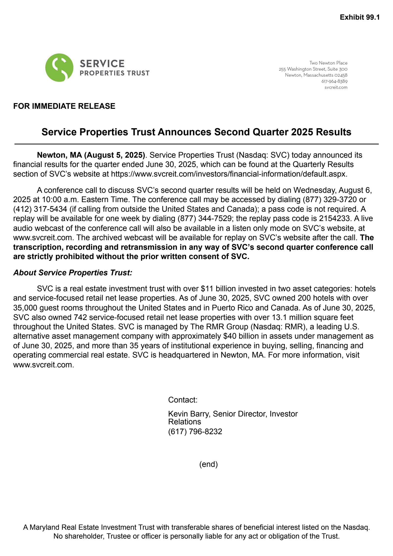 Service Properties Trust's Q2 2025 Press Release