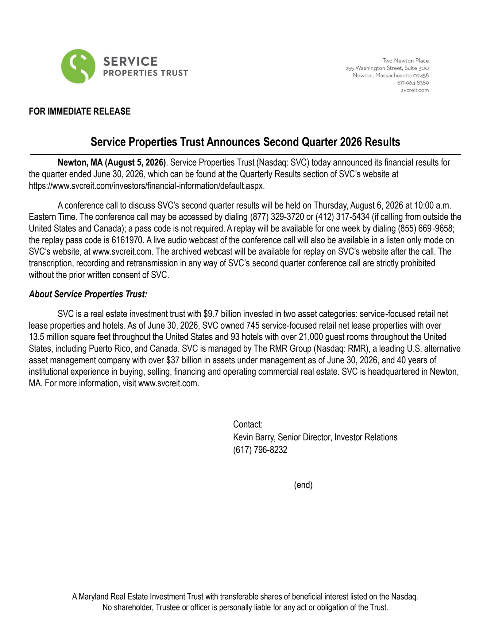 Service Properties Trust's Q2 2026 Press Release