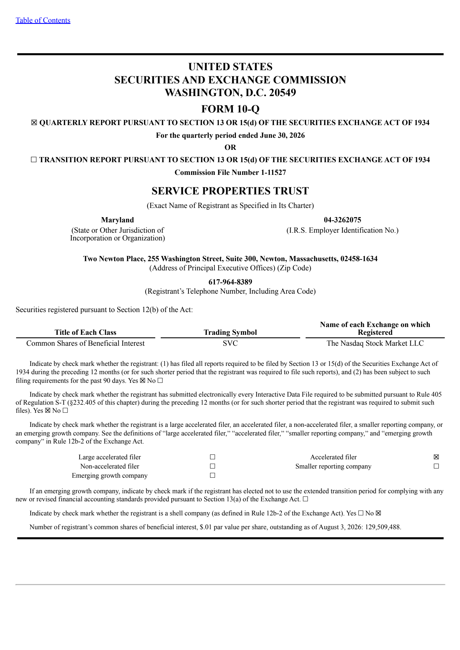 Service Properties Trust's Q2 2026 Quarterly report