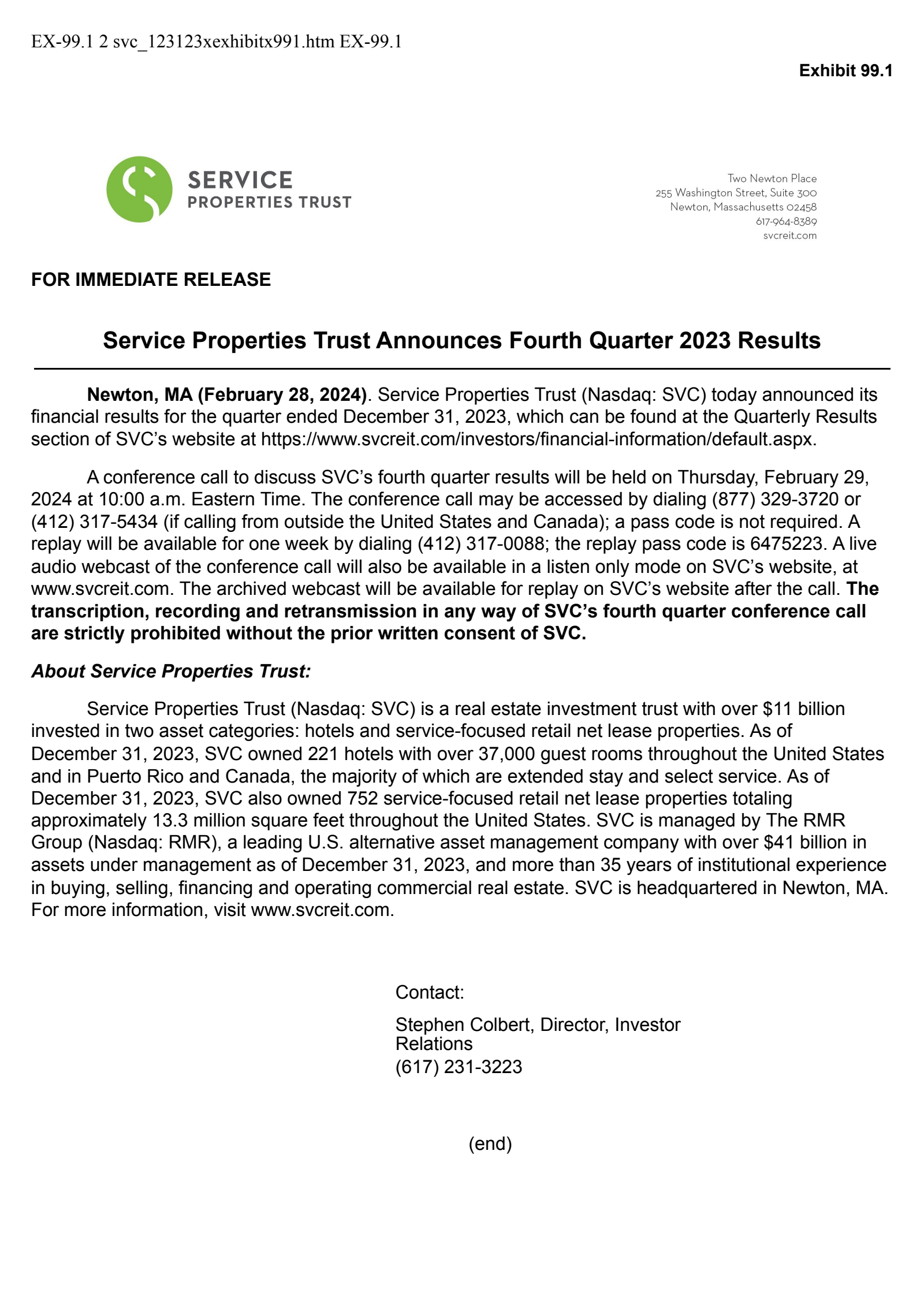 Service Properties Trust's Q4 2023 Press Release